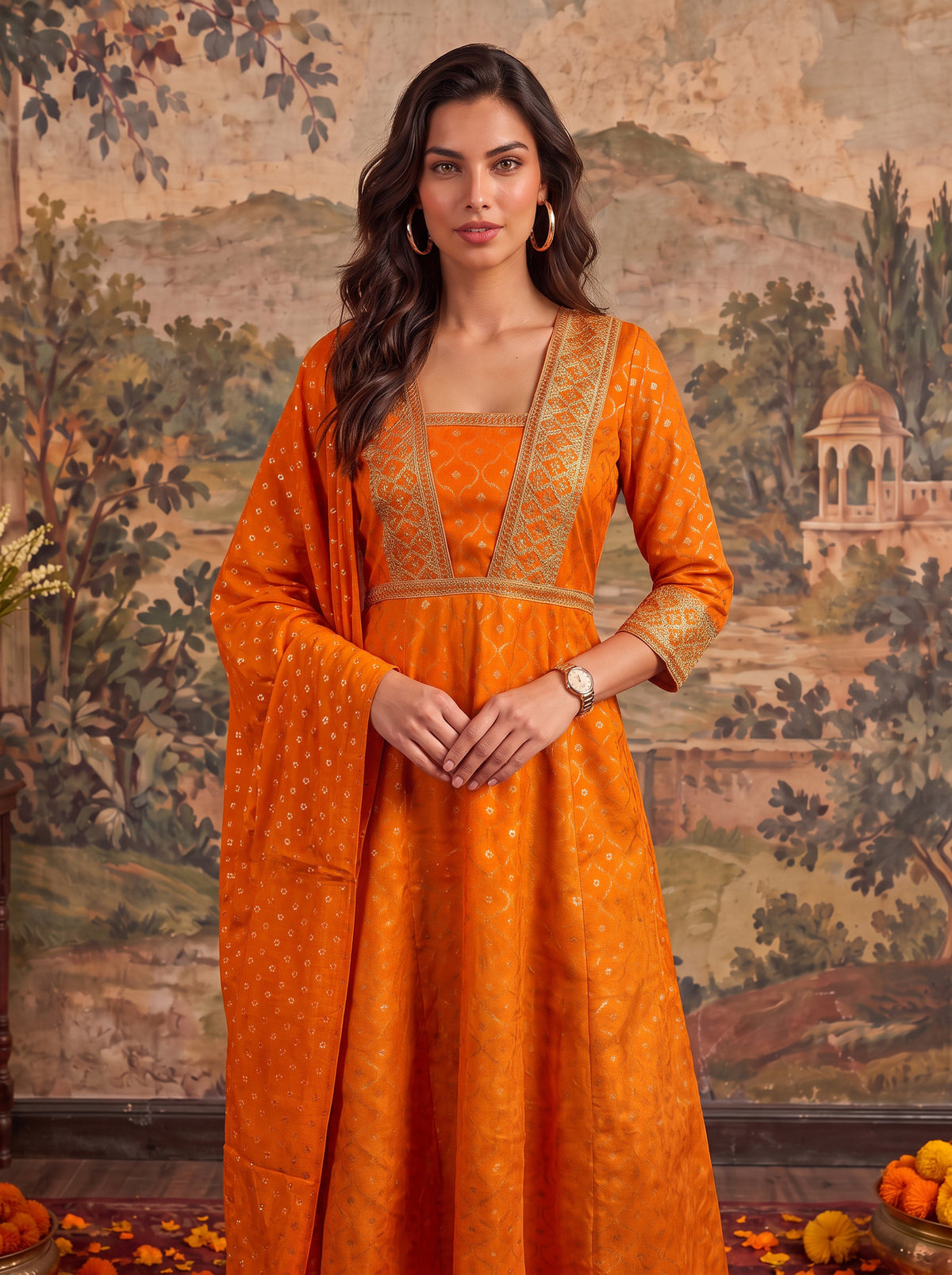 Buy Viscose Embroidered Flared Calf Length Kurta With Pant and Dupatta-Orange