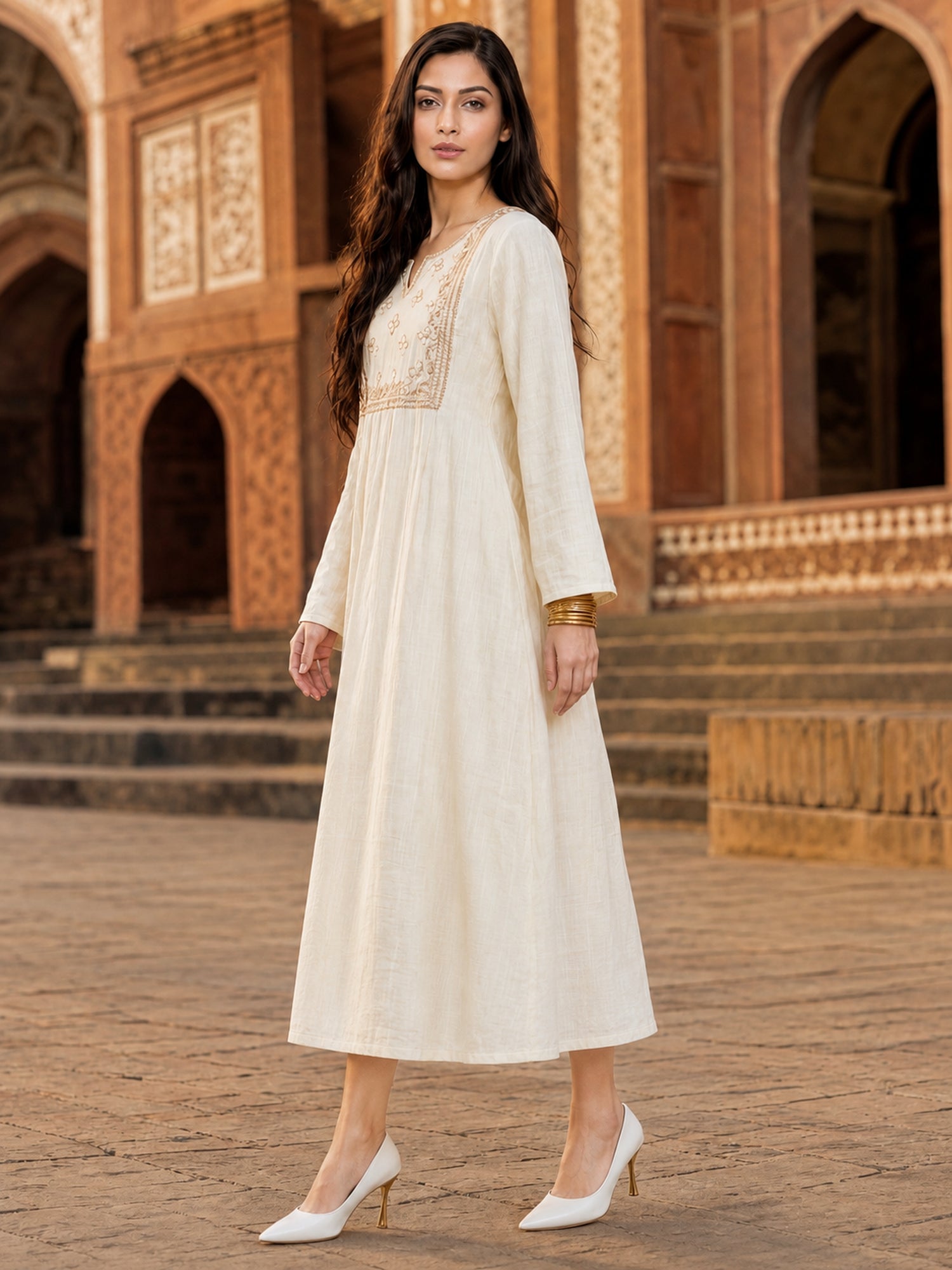 Buy Viscose Embroidered Flared Calf Length Dress-White