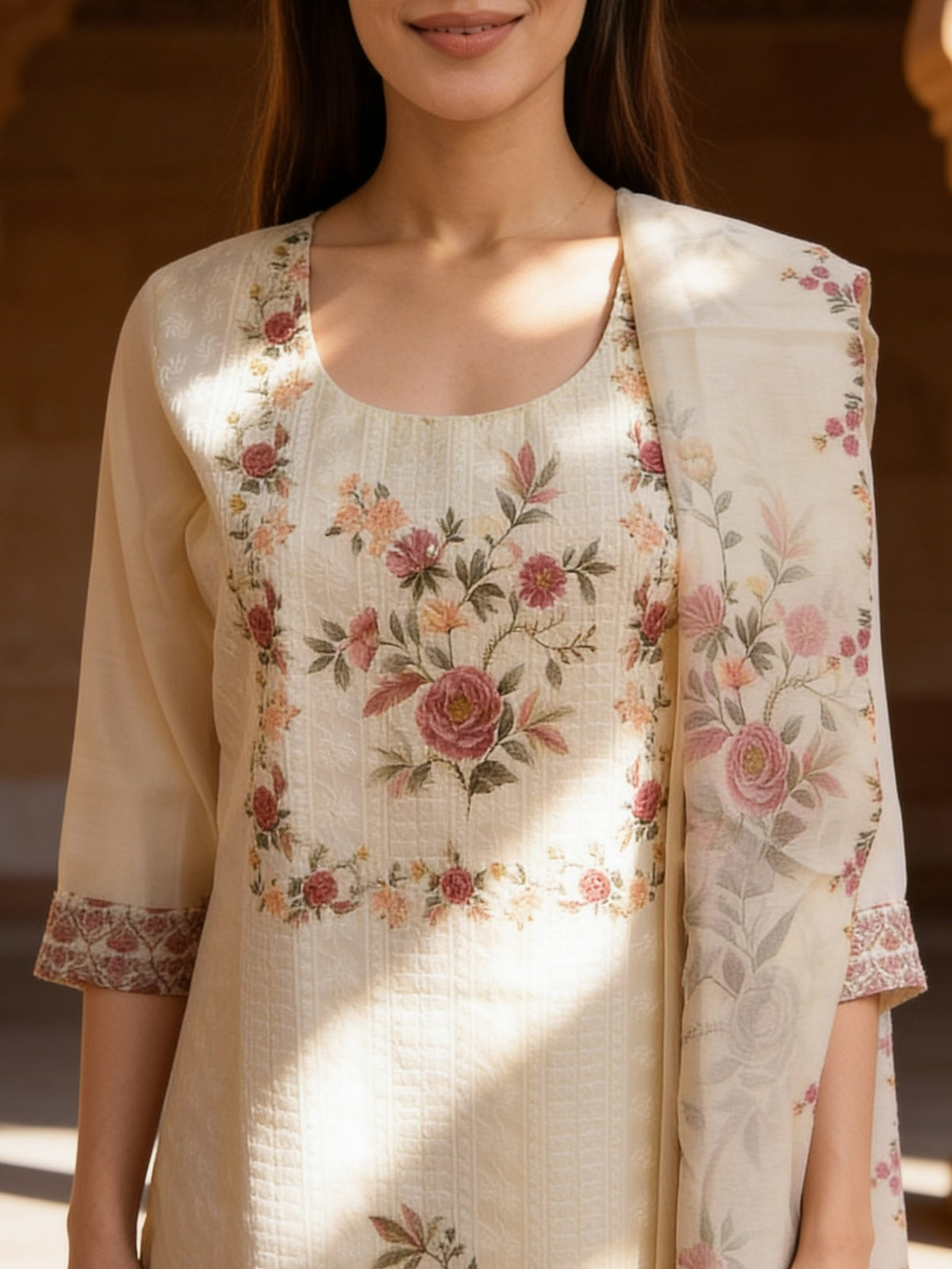 Viscose Embroidered Straight Calf Length Kurta With Pant and Dupatta