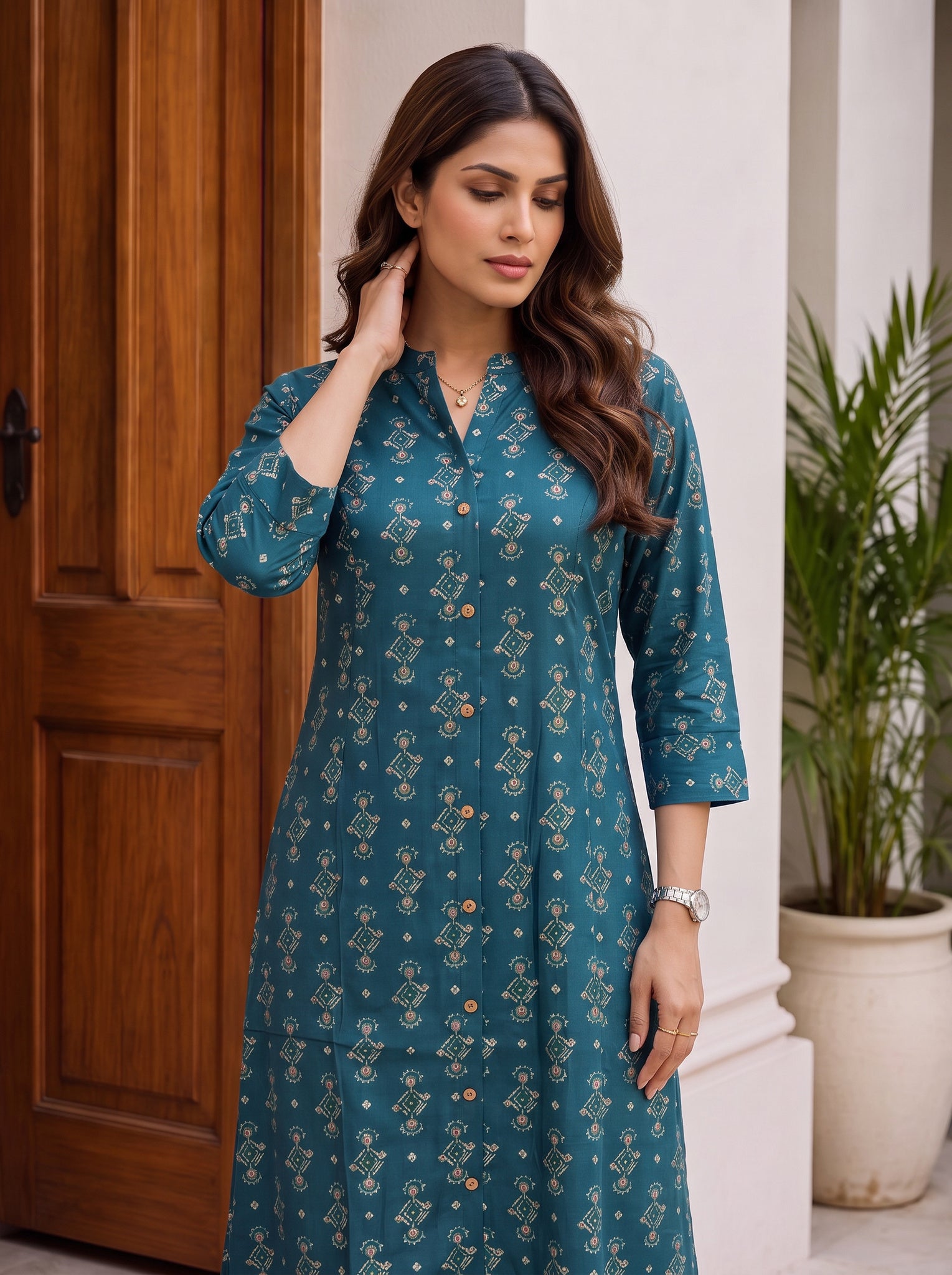 Viscose Printed A-Line Calf Length Kurta With Pant