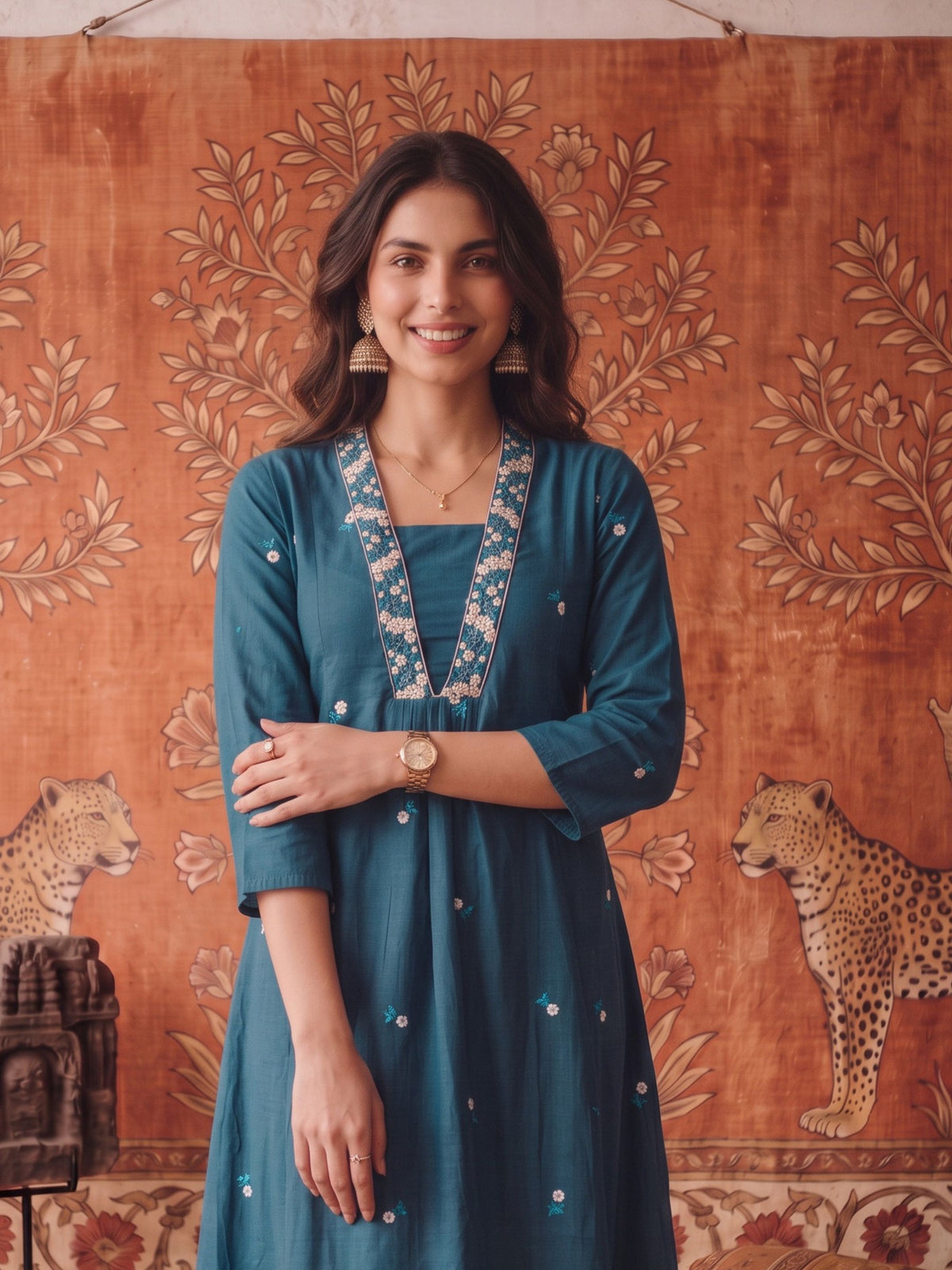 Buy Cotton Embroidered Flared Calf Length Kurta-Teal