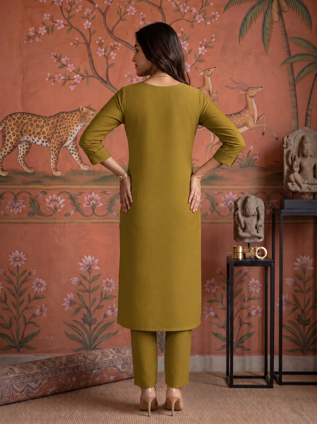 Buy Viscose Embroidered Straight Calf Length Kurta With Pant and Dupatta-Mustard