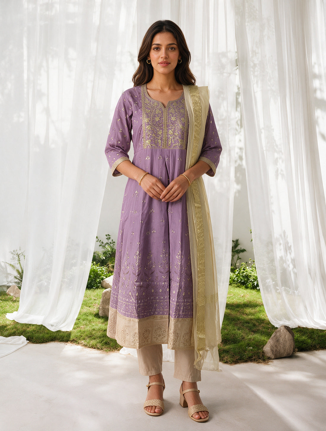 Buy Viscose Embroidered Flared Calf Length Kurta With Pant and Dupatta-Mauve