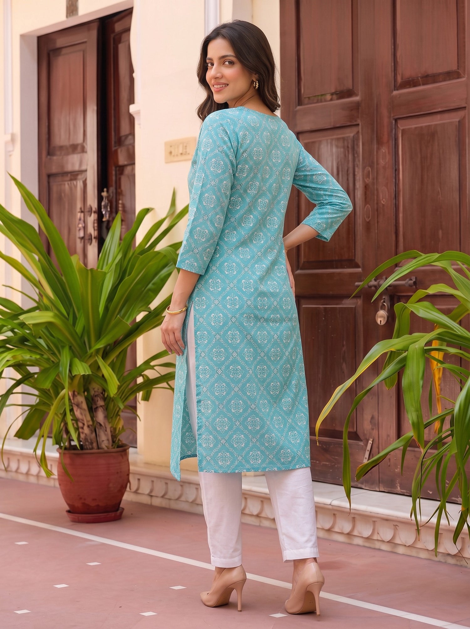 Buy Cotton Printed Straight Knee Length Kurta-Light Blue