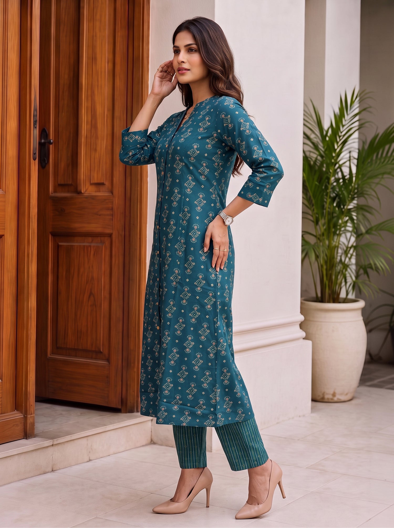 Buy Viscose Printed A-Line Calf Length Kurta With Pant-Blue