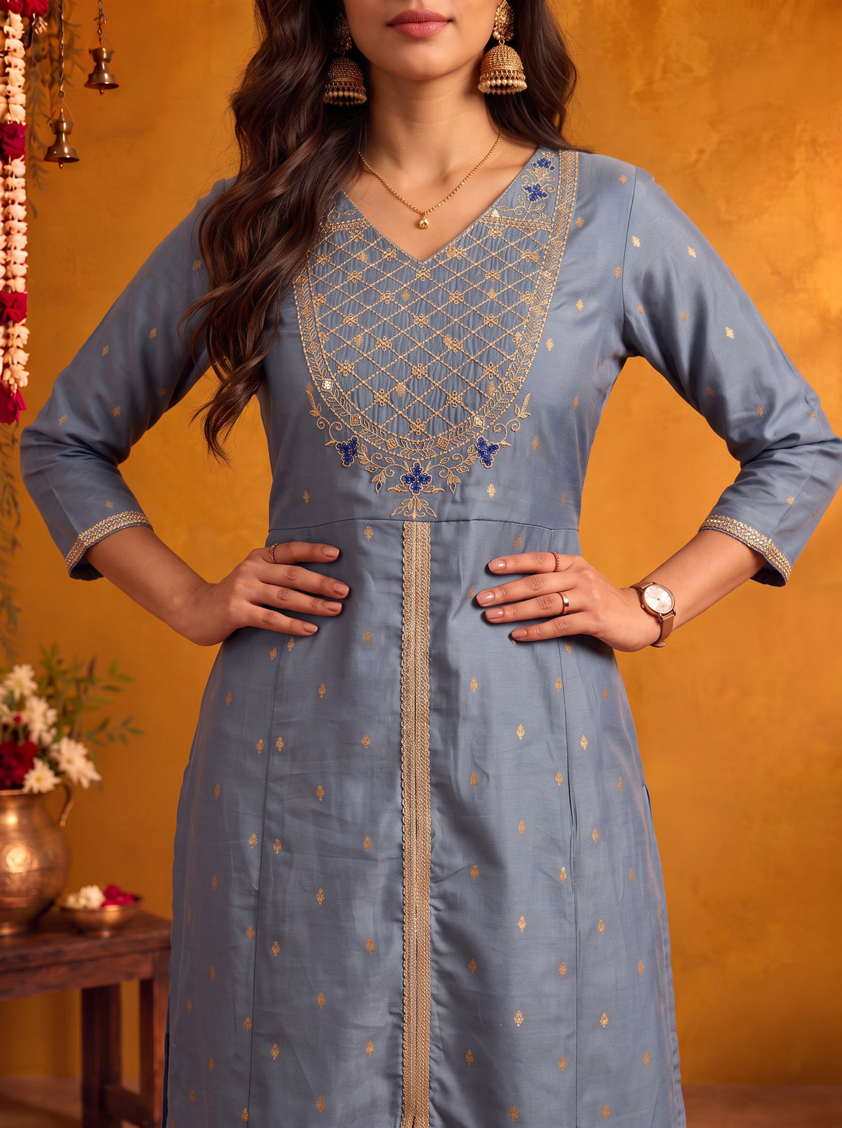 Buy Viscose Embroidered A-Line Calf Length Kurta-Slate Blue