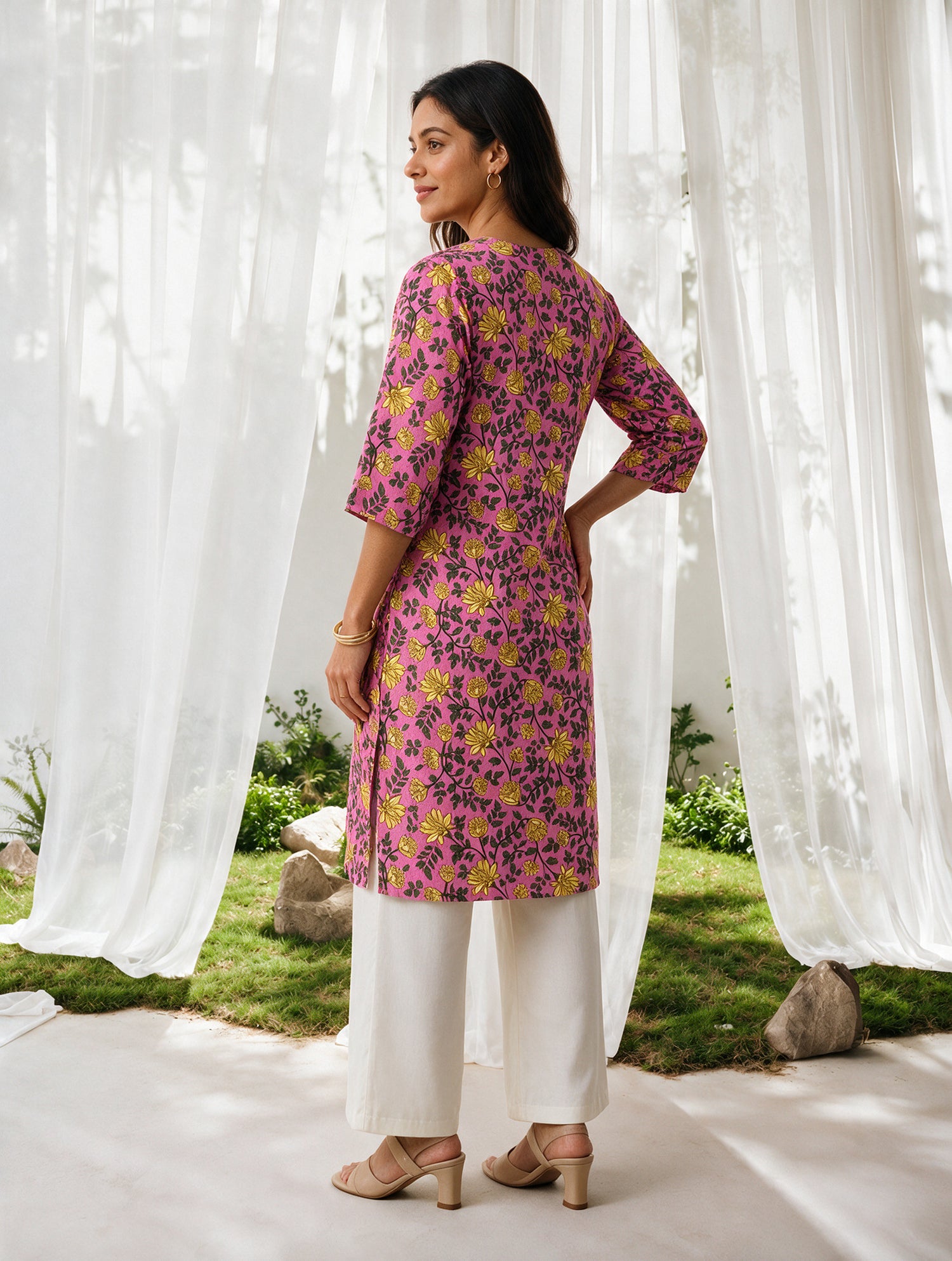 Buy Rayon Printed Straight Knee Length Kurta-Pink