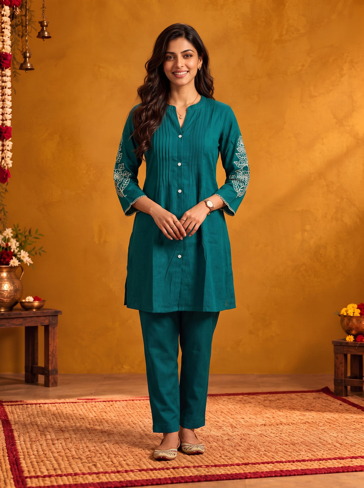 Viscose Embroidered Straight Thigh Length Kurta With Pant