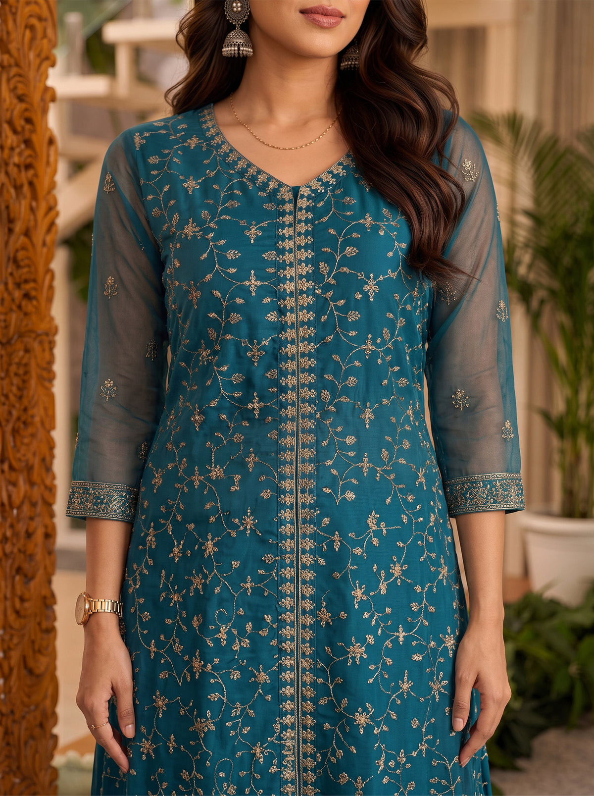 Rayon Embroidered Flared Calf Length Kurta With Pant and Dupatta