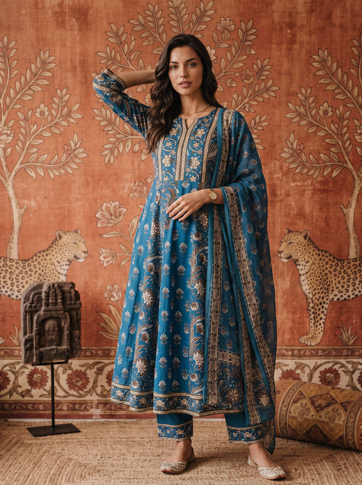 Buy Cotton Printed Flared Calf Length Kurta With Pant and Dupatta-Teal Blue