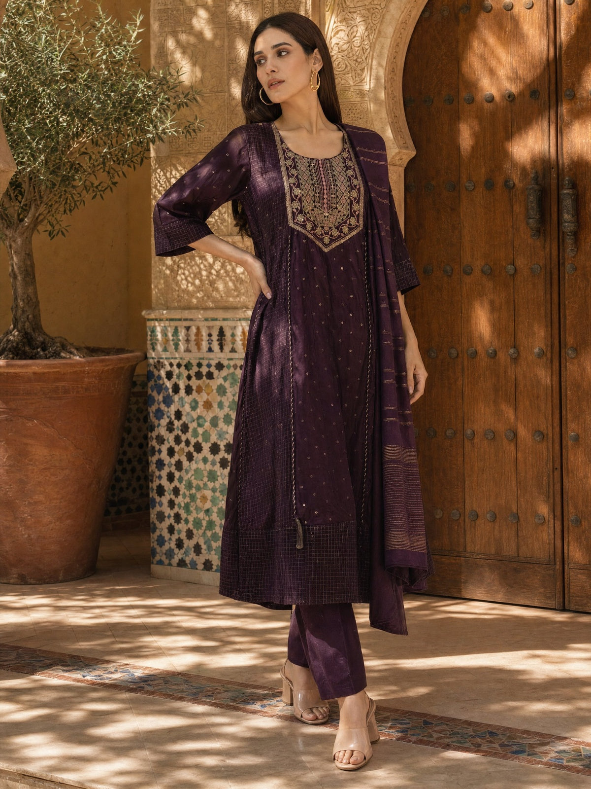 Viscose Embroidered Anarkali Calf Length Kurta With Pant and Dupatta