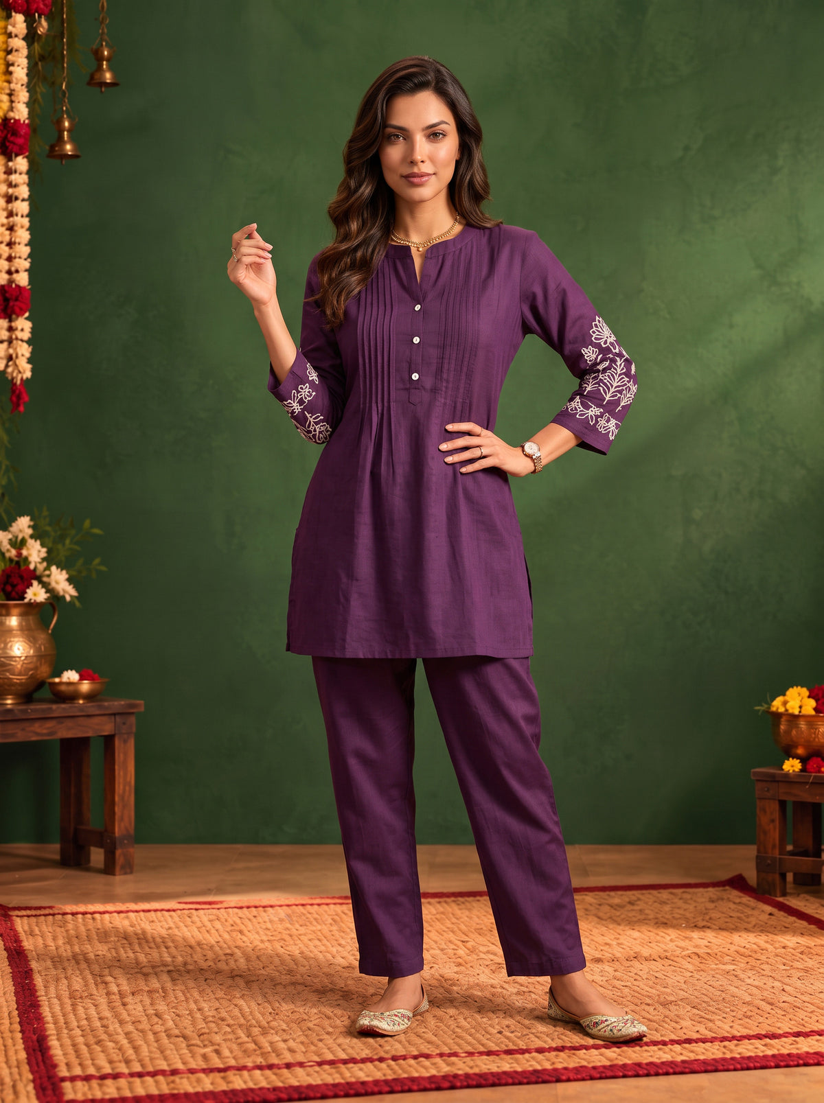 Viscose Embroidered Straight Thigh Length Kurta With Pant