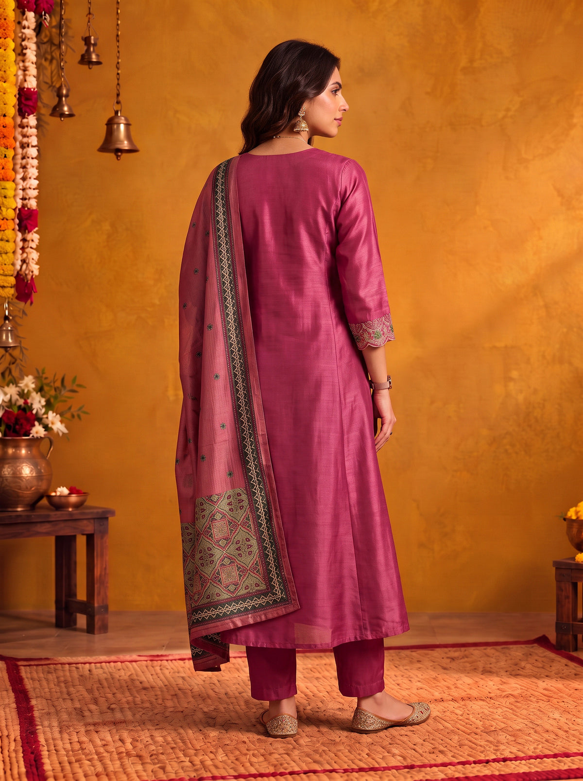 Buy Viscose Embroidered Flared Calf Length Kurta With Pant and Dupatta-Magenta
