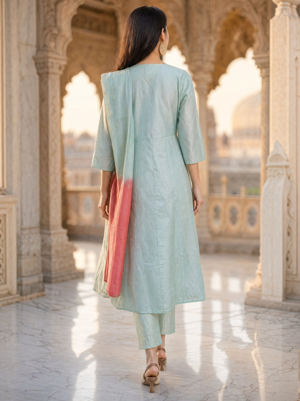 Buy Viscose Embroidered Anarkali Calf Length Kurta With Pant and Dupatta-Turquoise