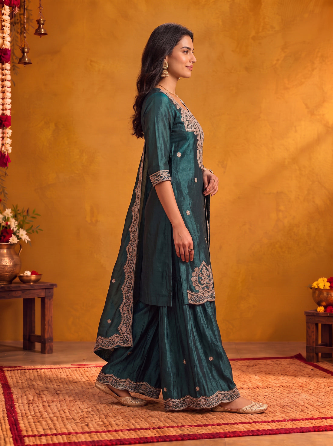 Buy Viscose Embroidered Straight Knee Length Kurta With Pant and Dupatta-Turquoise