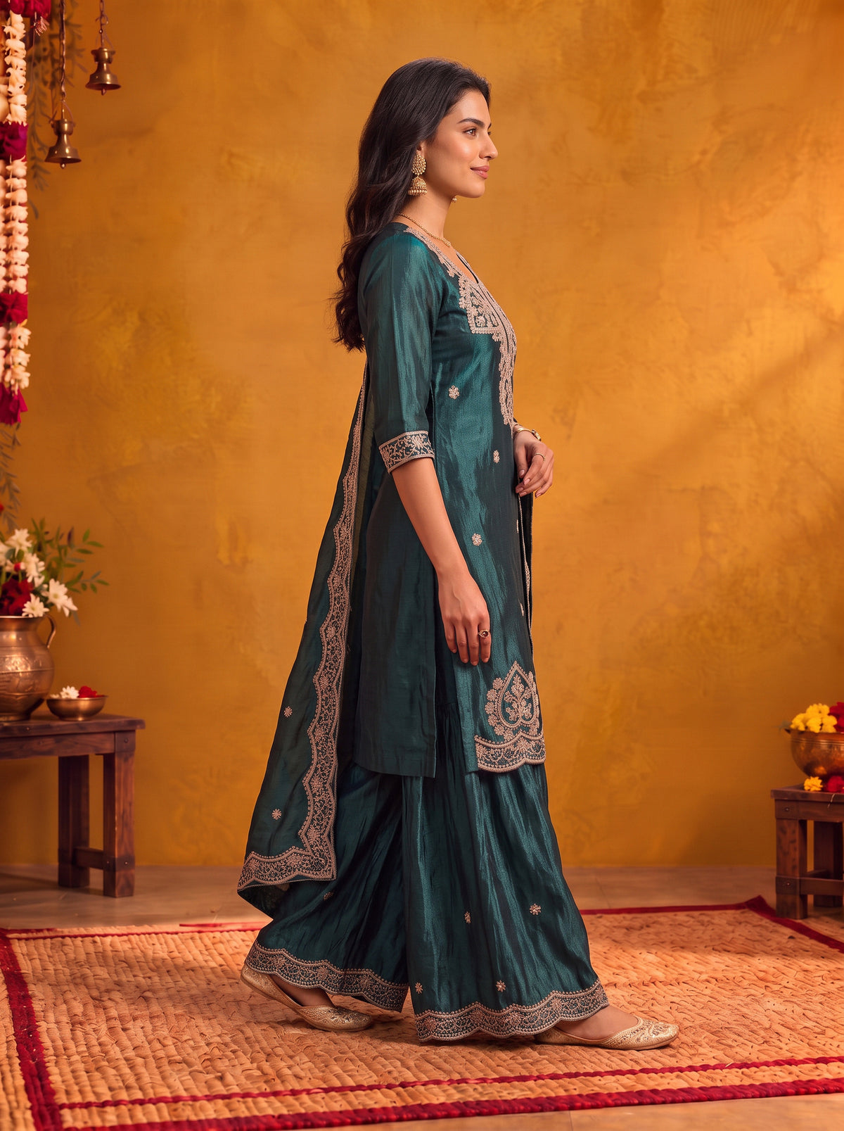 Buy Viscose Embroidered Straight Knee Length Kurta With Pant and Dupatta-Turquoise