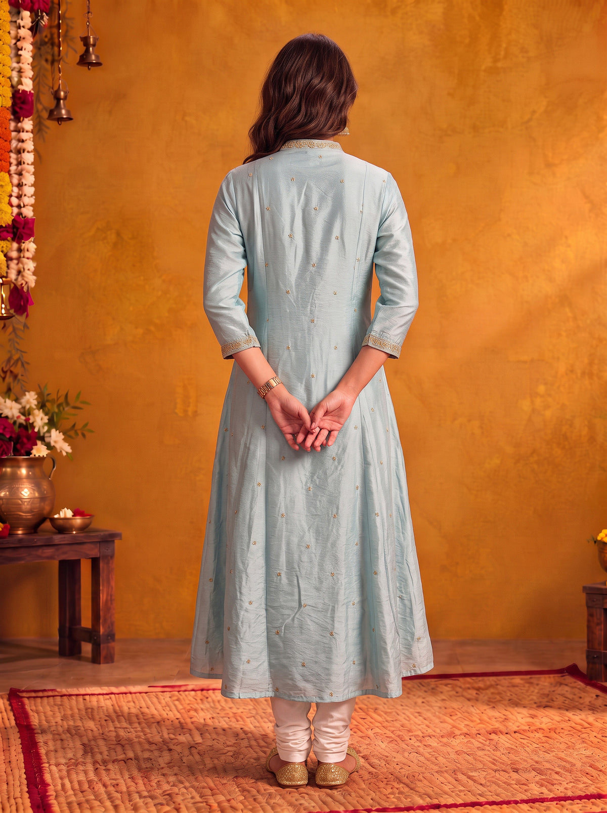 Buy Viscose Embroidered Flared Calf Length Kurta-Blue