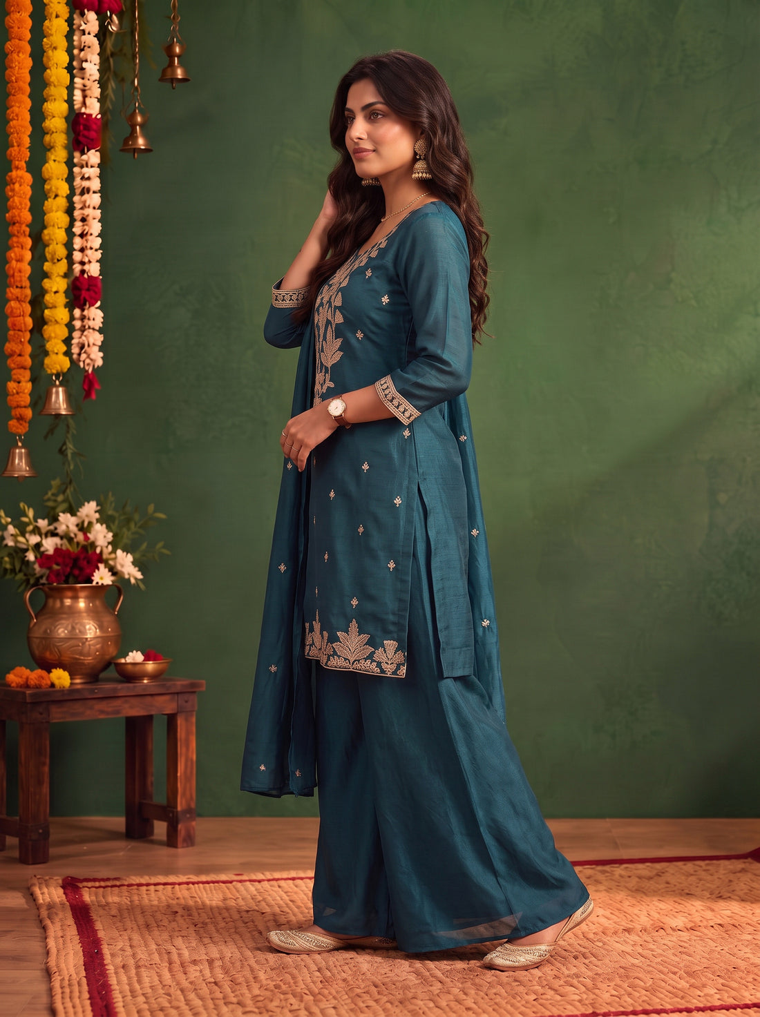 Buy Viscose Embroidered Straight Thigh Length Kurta With Pant and Dupatta-Teal