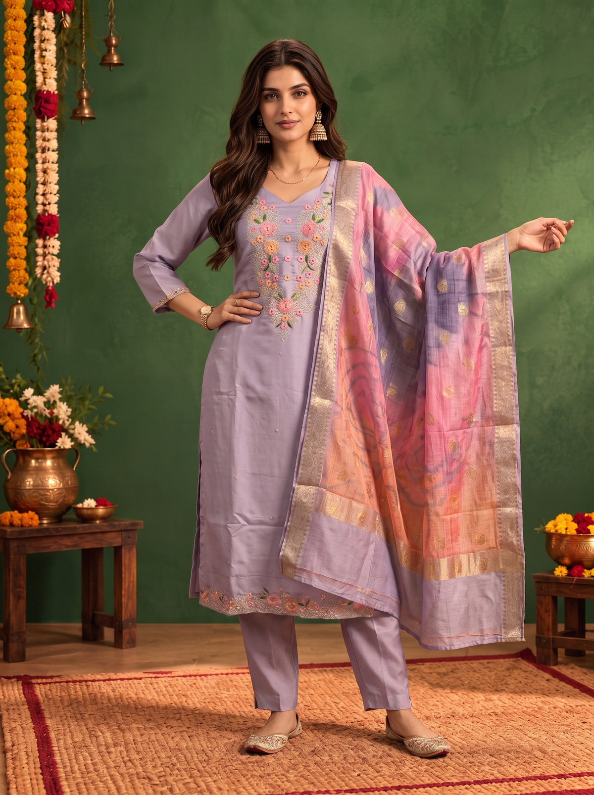 Buy Viscose Embroidered Straight Calf Length Kurta With Pant and Dupatta-Lavender