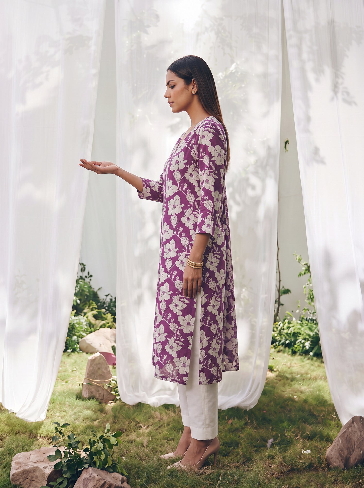 Buy Cotton Printed Straight Calf Length Kurta-Purple