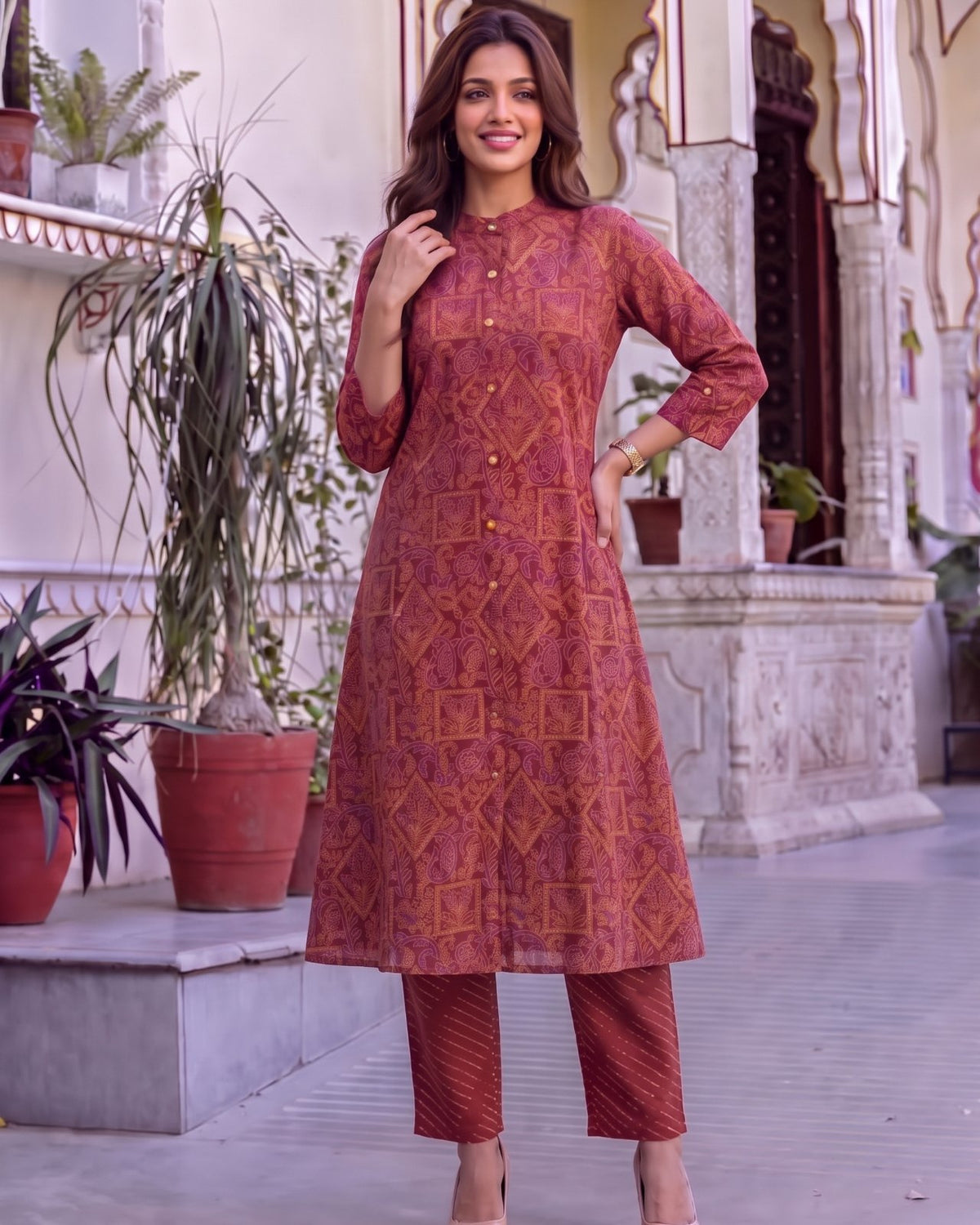 Buy Viscose Printed A-Line Calf Length Kurta With Pant-Maroon