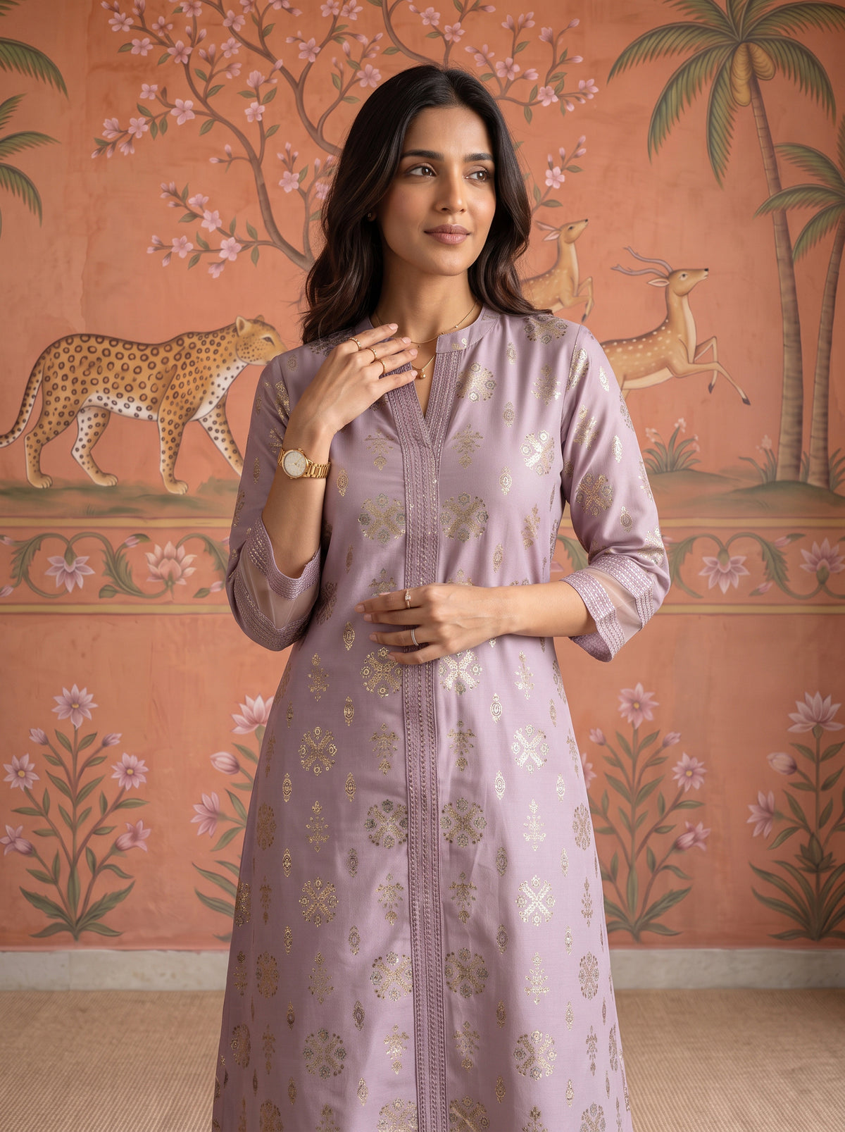 Buy Rayon Printed A-Line Calf Length Kurta-Lavender