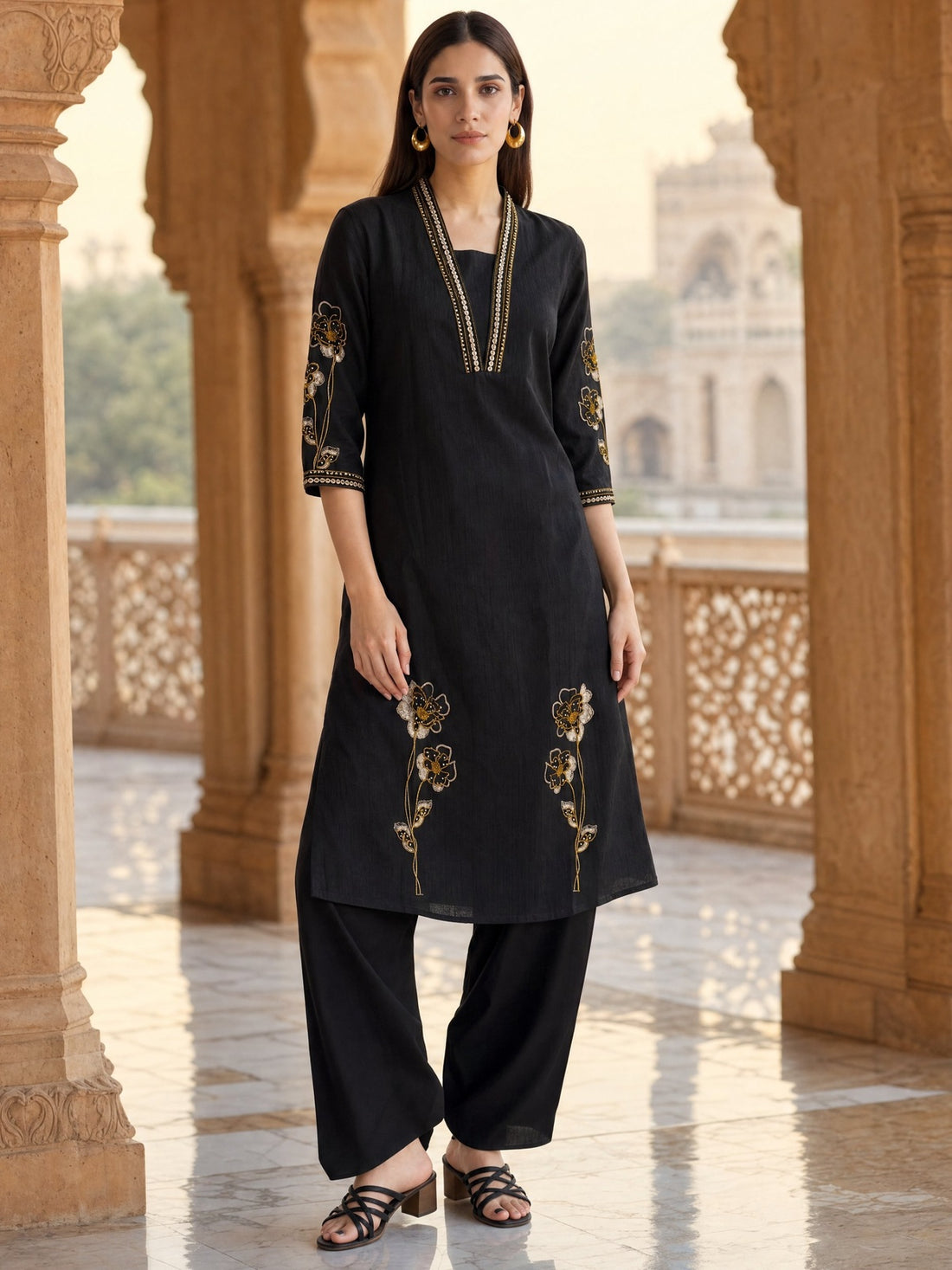 Buy Viscose Embroidered Straight Calf Length Kurta With Pant-Black