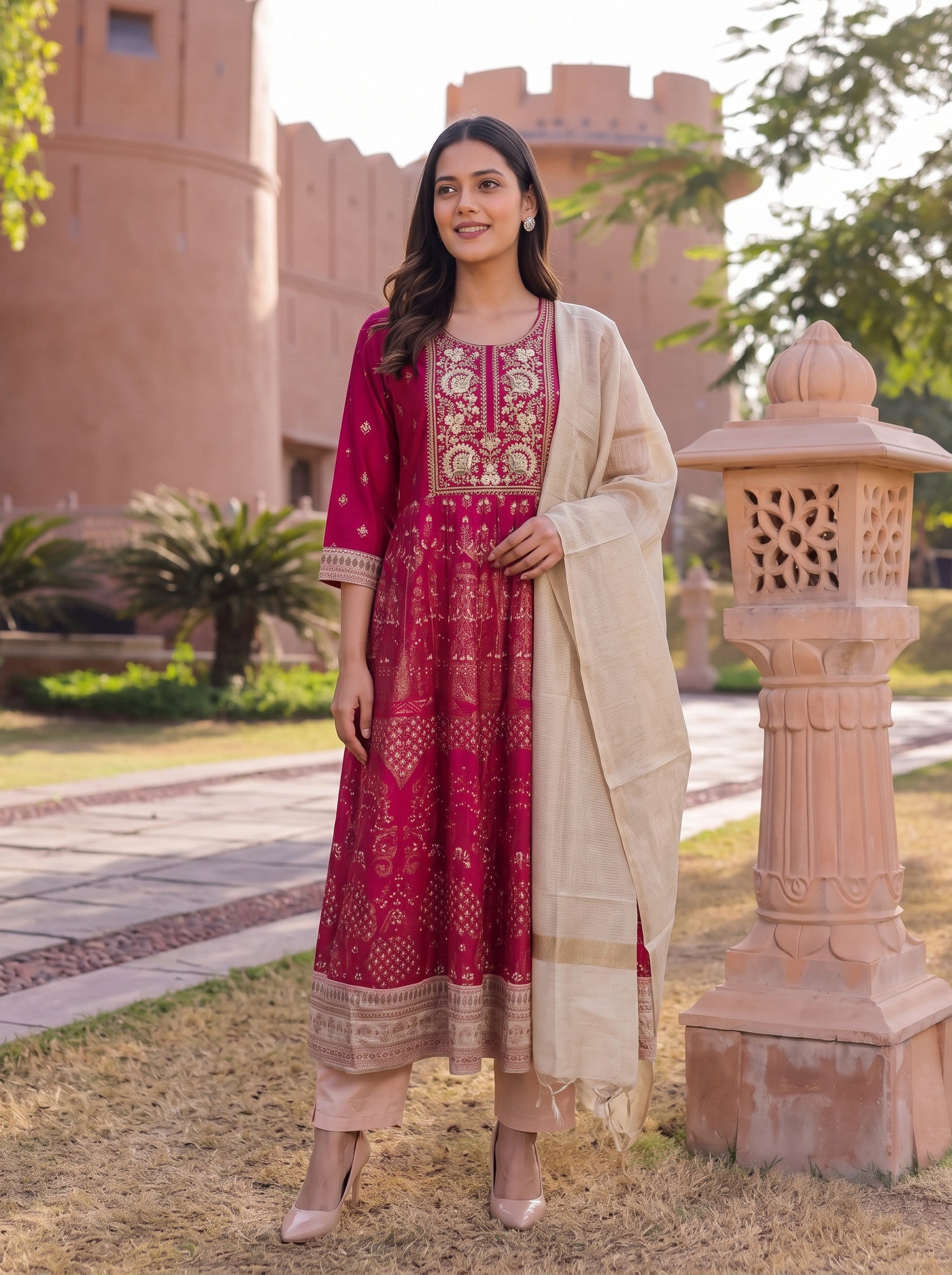 Viscose Embroidered Straight Calf Length Kurta With Pant and Dupatta