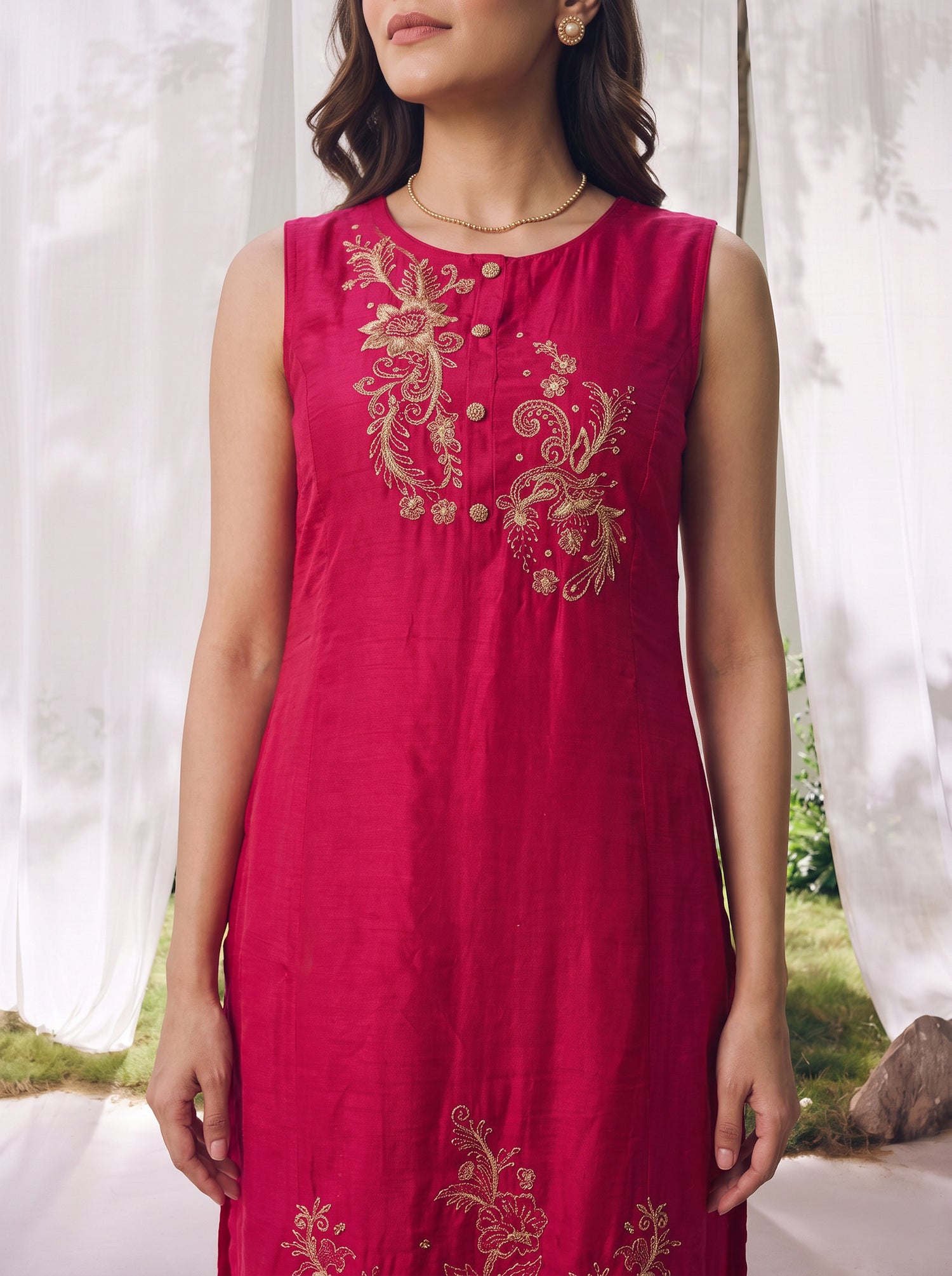 Buy Rayon Embroidered A-Line Calf Length Kurta With Pant-Fuschia