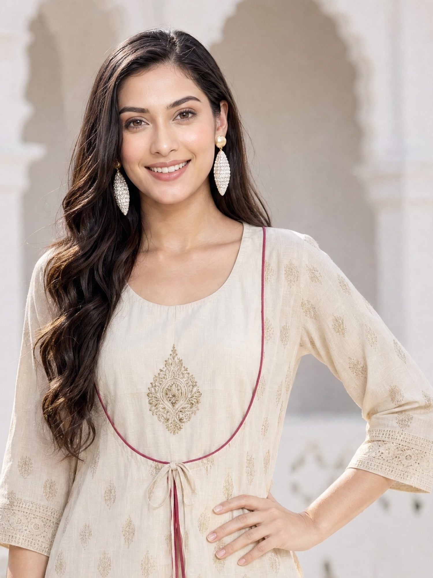 Buy Chanderi Embroidered Flared Calf Length Kurta-Off White