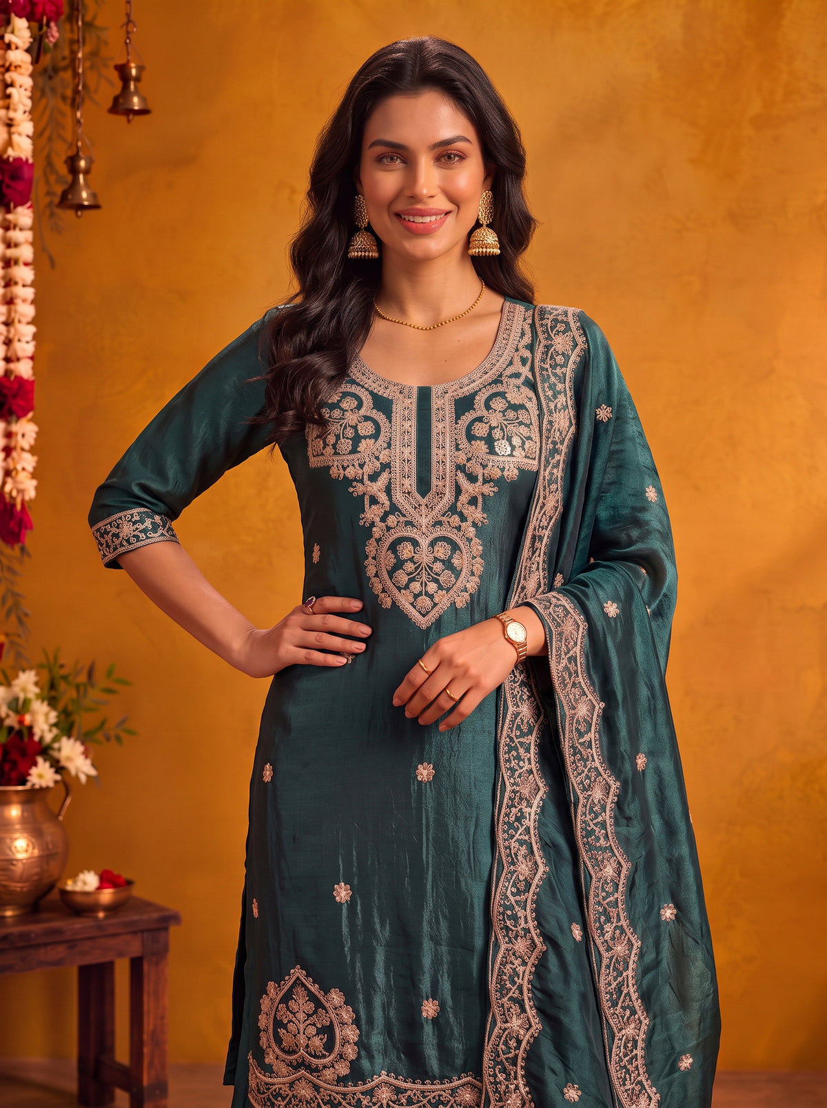Viscose Embroidered Straight Knee Length Kurta With Pant and Dupatta