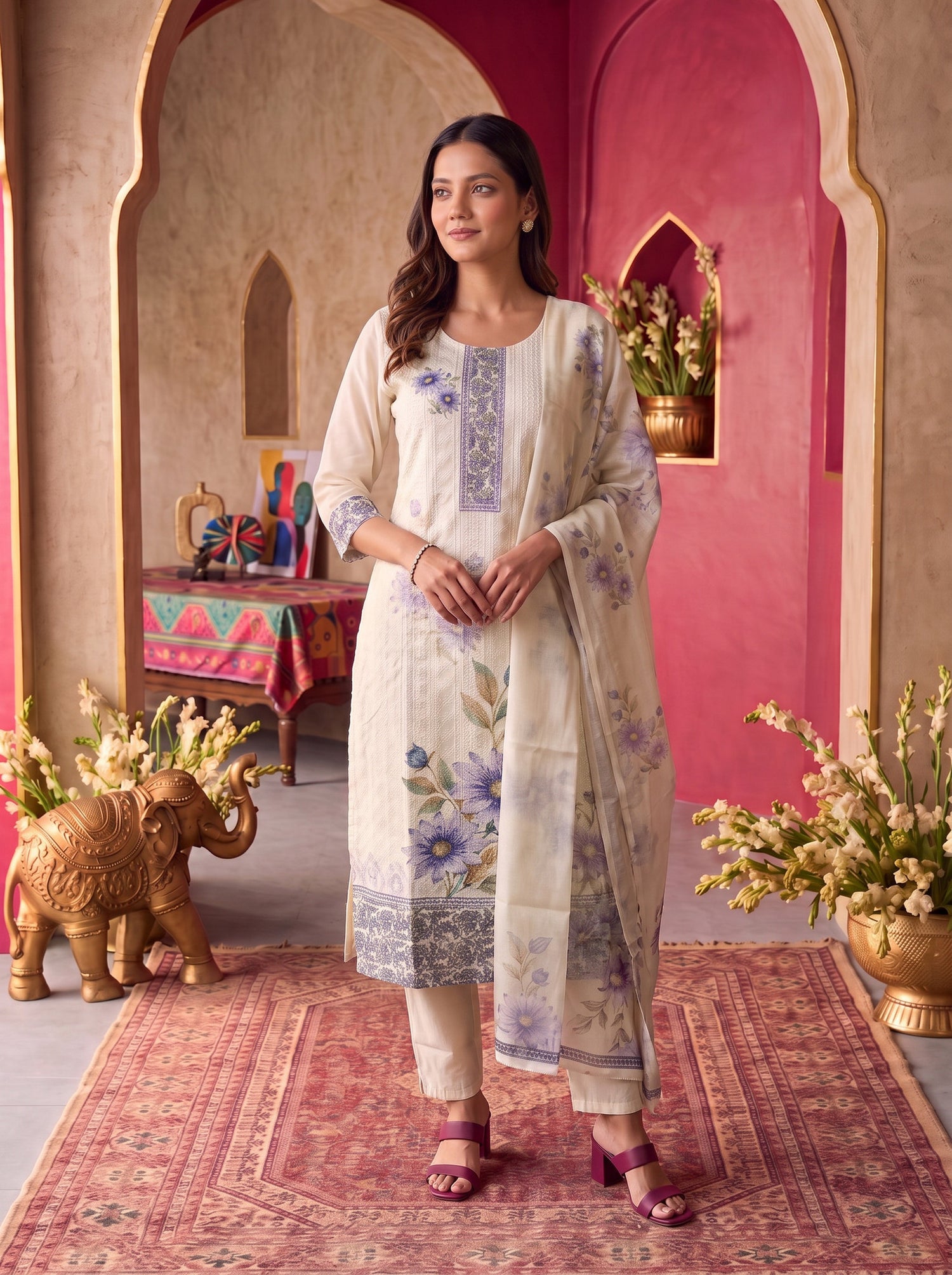 Buy Viscose Embroidered Straight Calf Length Kurta With Pant and Dupatta-Off White
