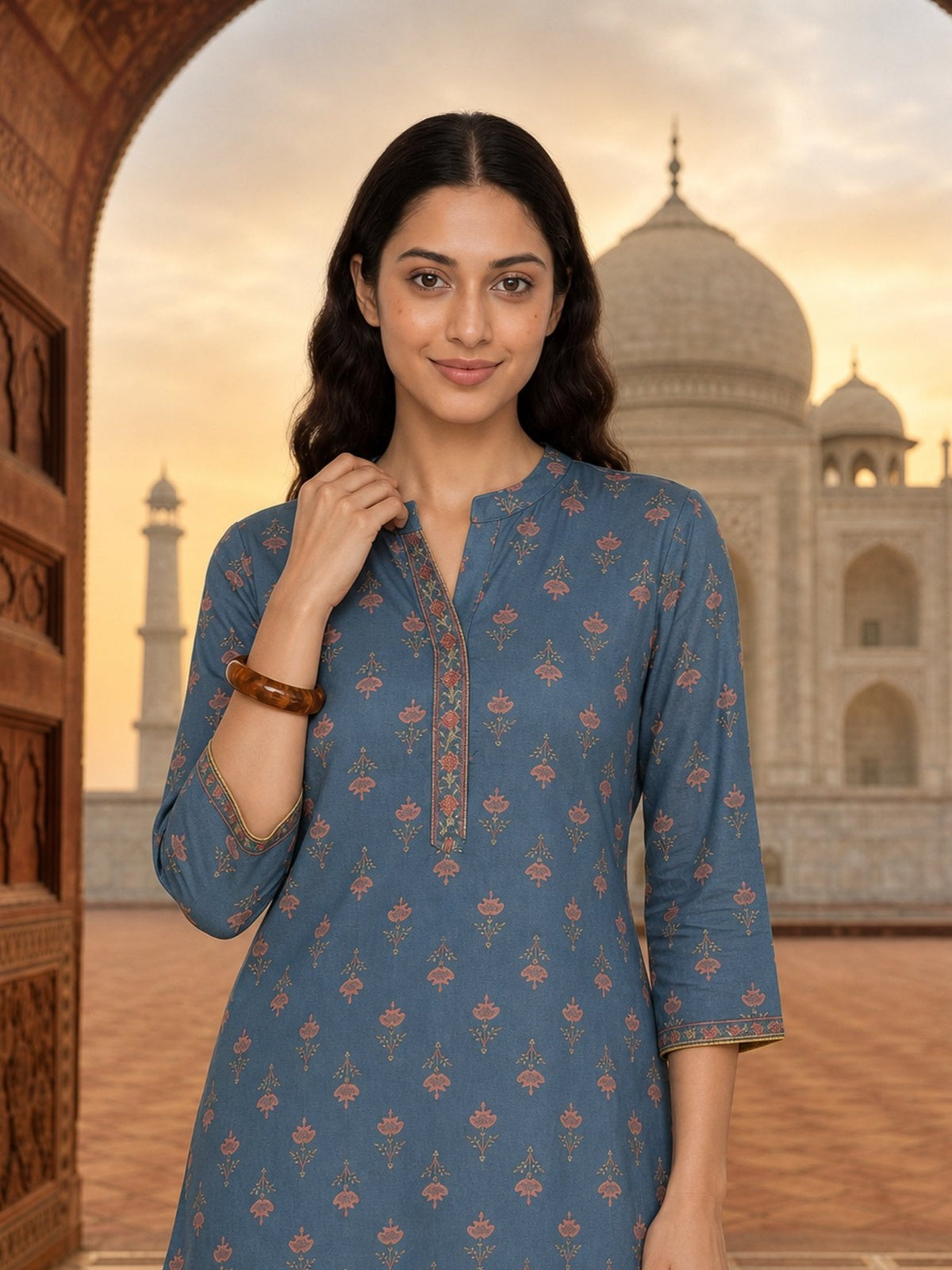 Buy Rayon Printed Straight Calf Length Kurta-Blue