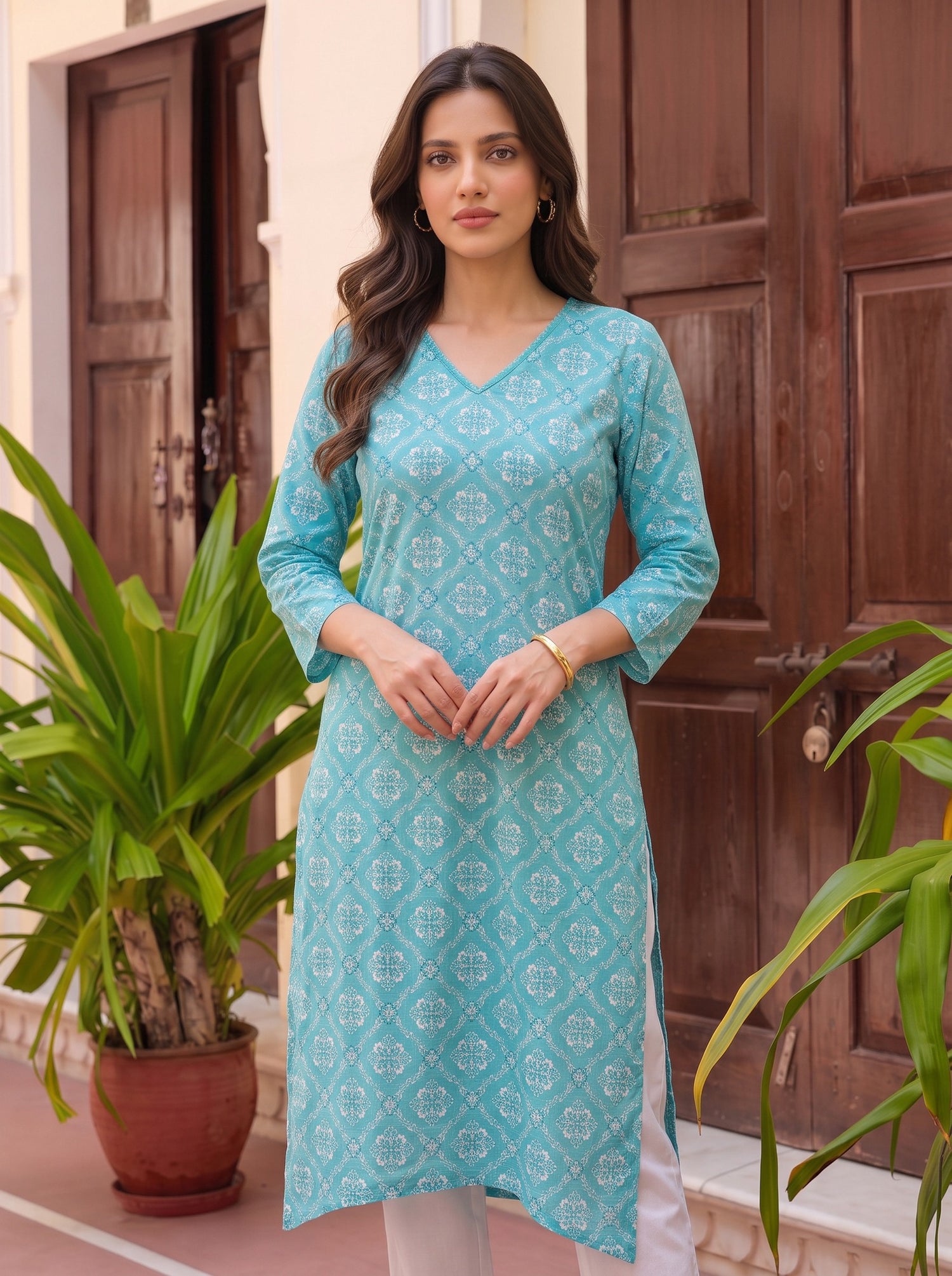 Buy Cotton Printed Straight Knee Length Kurta-Light Blue