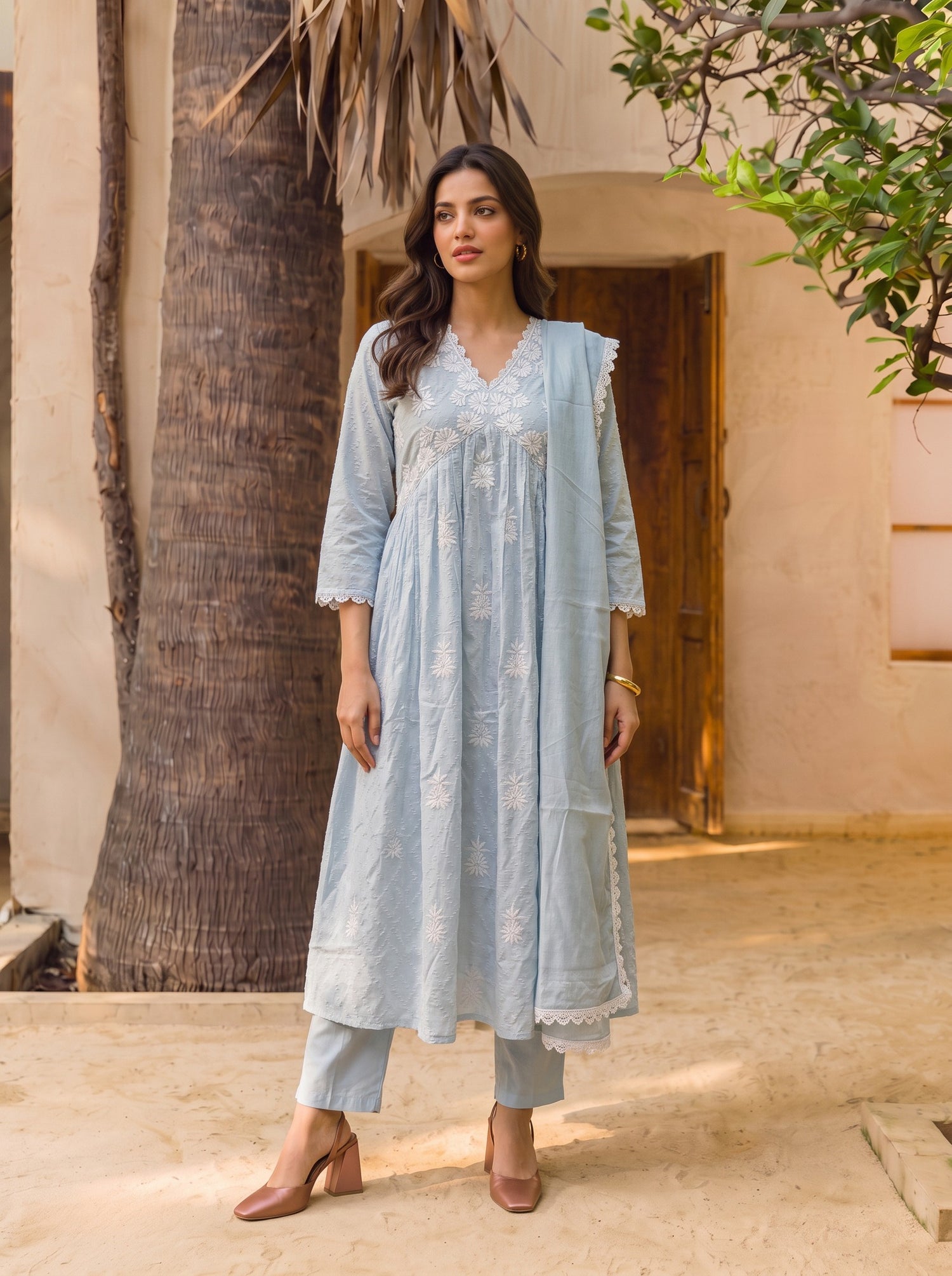 Buy Cotton Embroidered Straight Calf Length Kurta With Pant-Light Blue