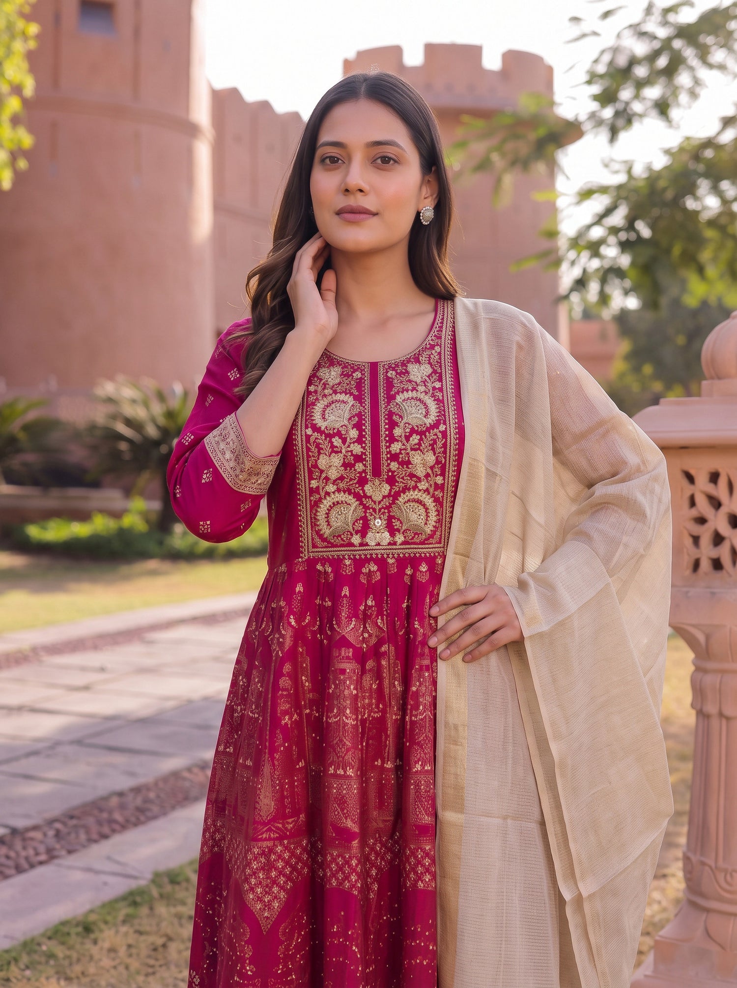 Buy Viscose Embroidered Straight Calf Length Kurta With Pant and Dupatta-Pink