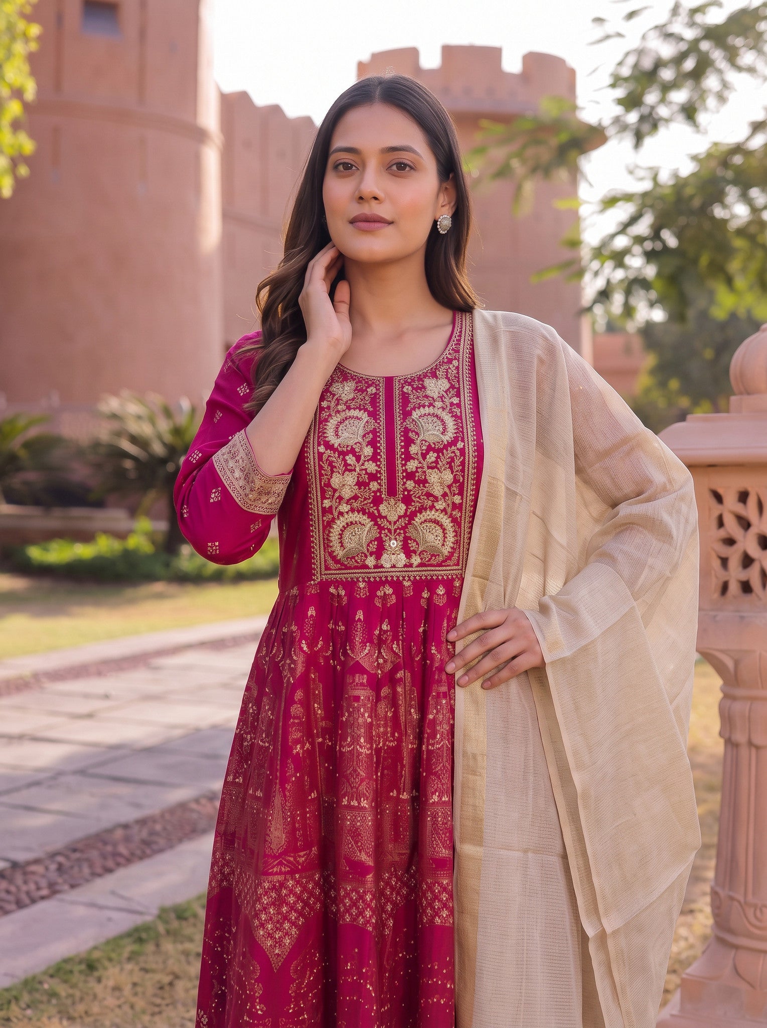 Viscose Embroidered Straight Calf Length Kurta With Pant and Dupatta