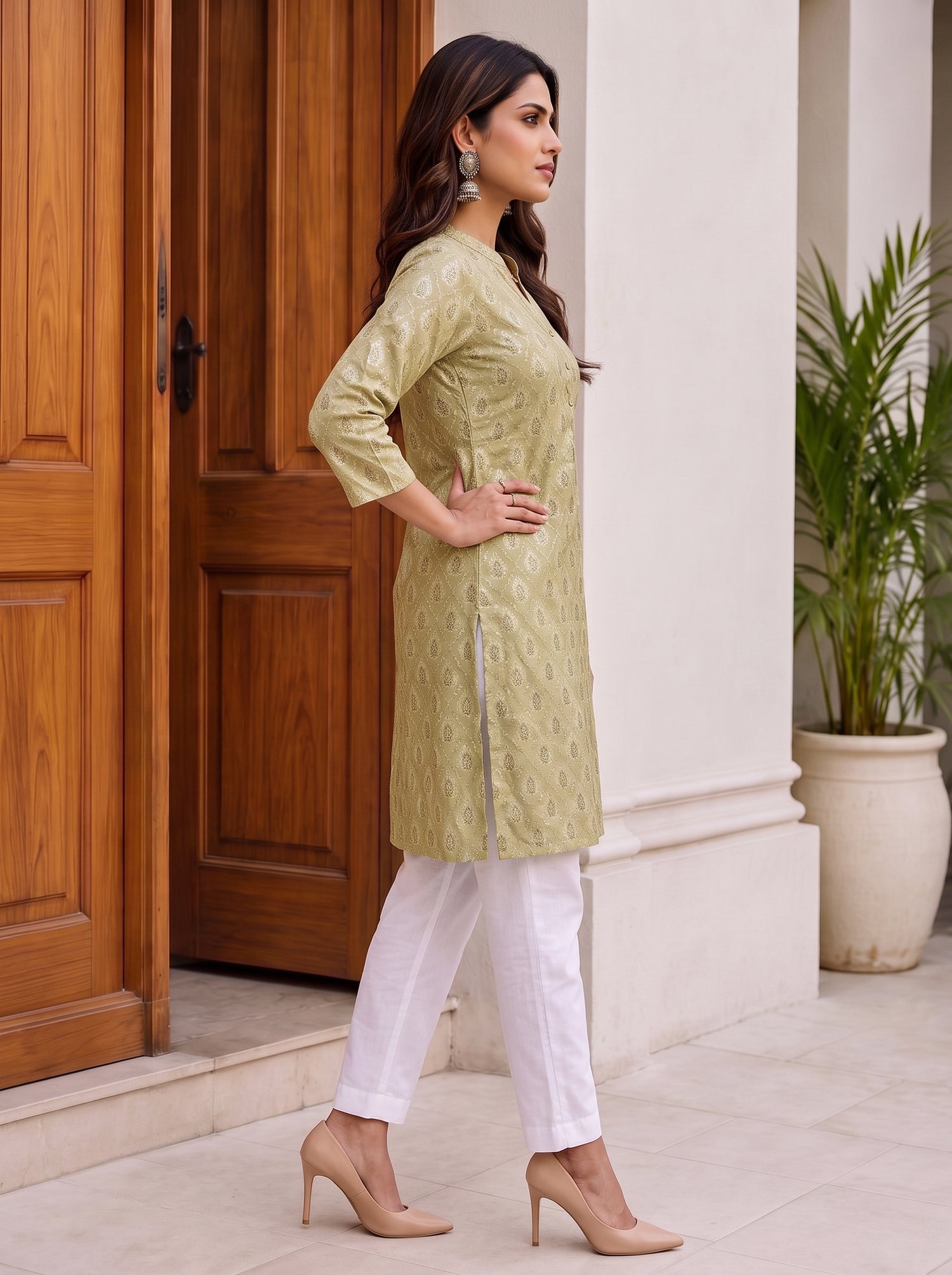 Buy Viscose Printed Straight Knee Length Kurta-Pista Green