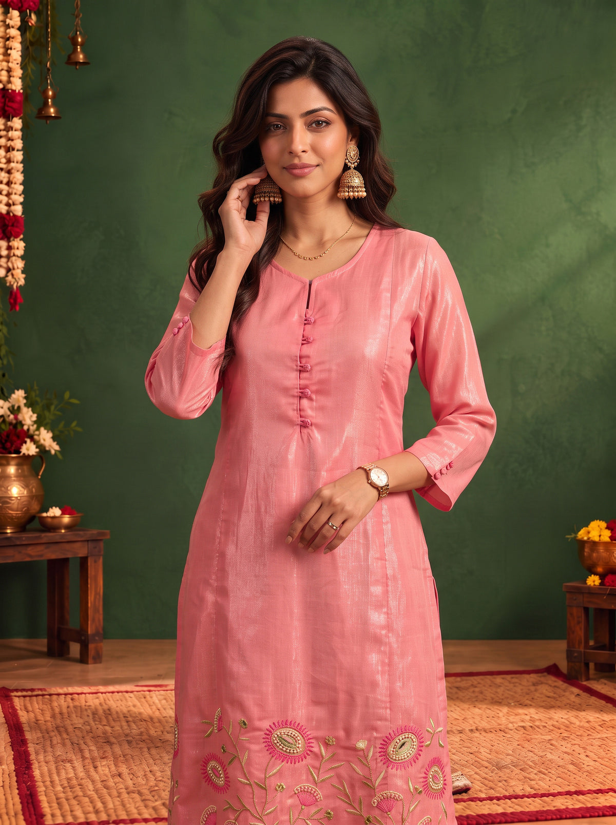 Buy Cotton Embroidered Straight Calf Length Kurta-Light Pink