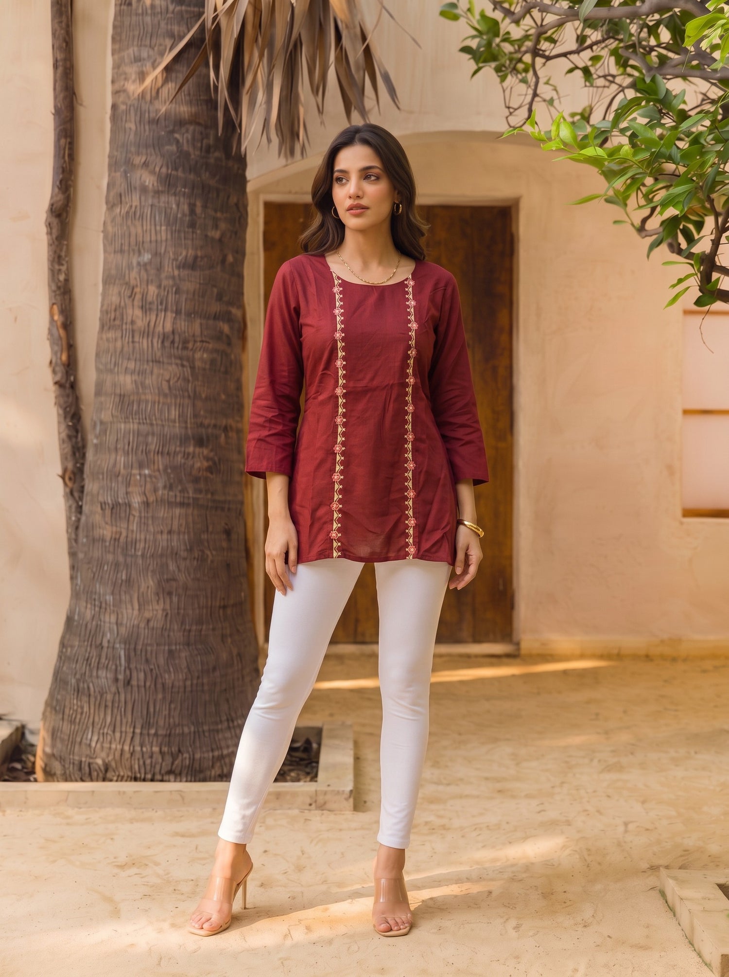 Buy Rayon Embroidered Straight Short Length Short Kurta-Maroon