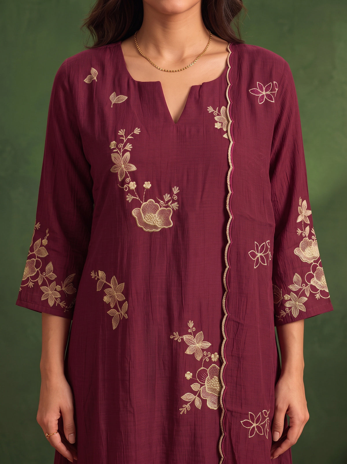 Buy Viscose Embroidered A-Line Calf Length Kurta With Pant and Dupatta-Maroon