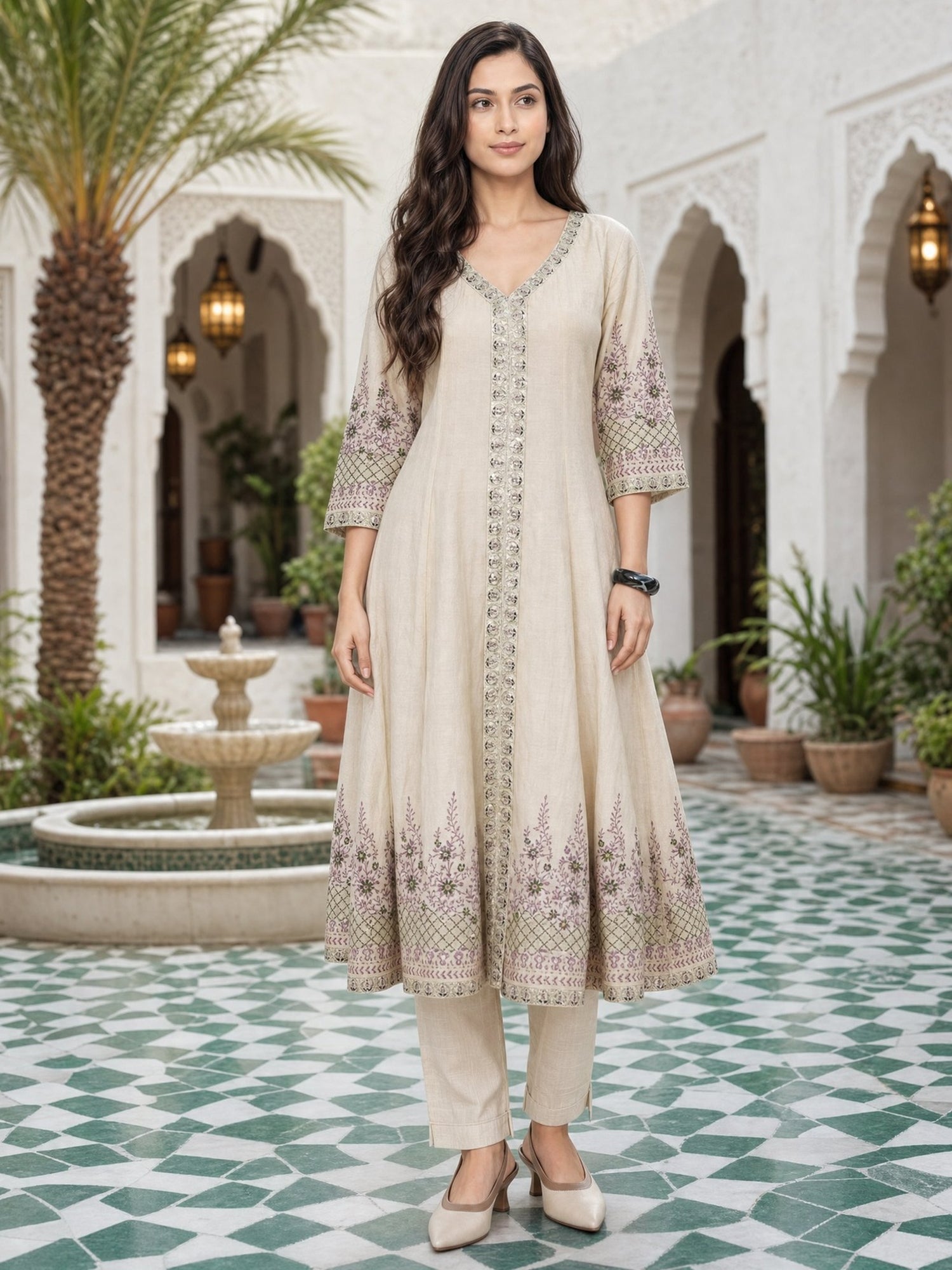 Viscose Embroidered Flared Calf Length Kurta