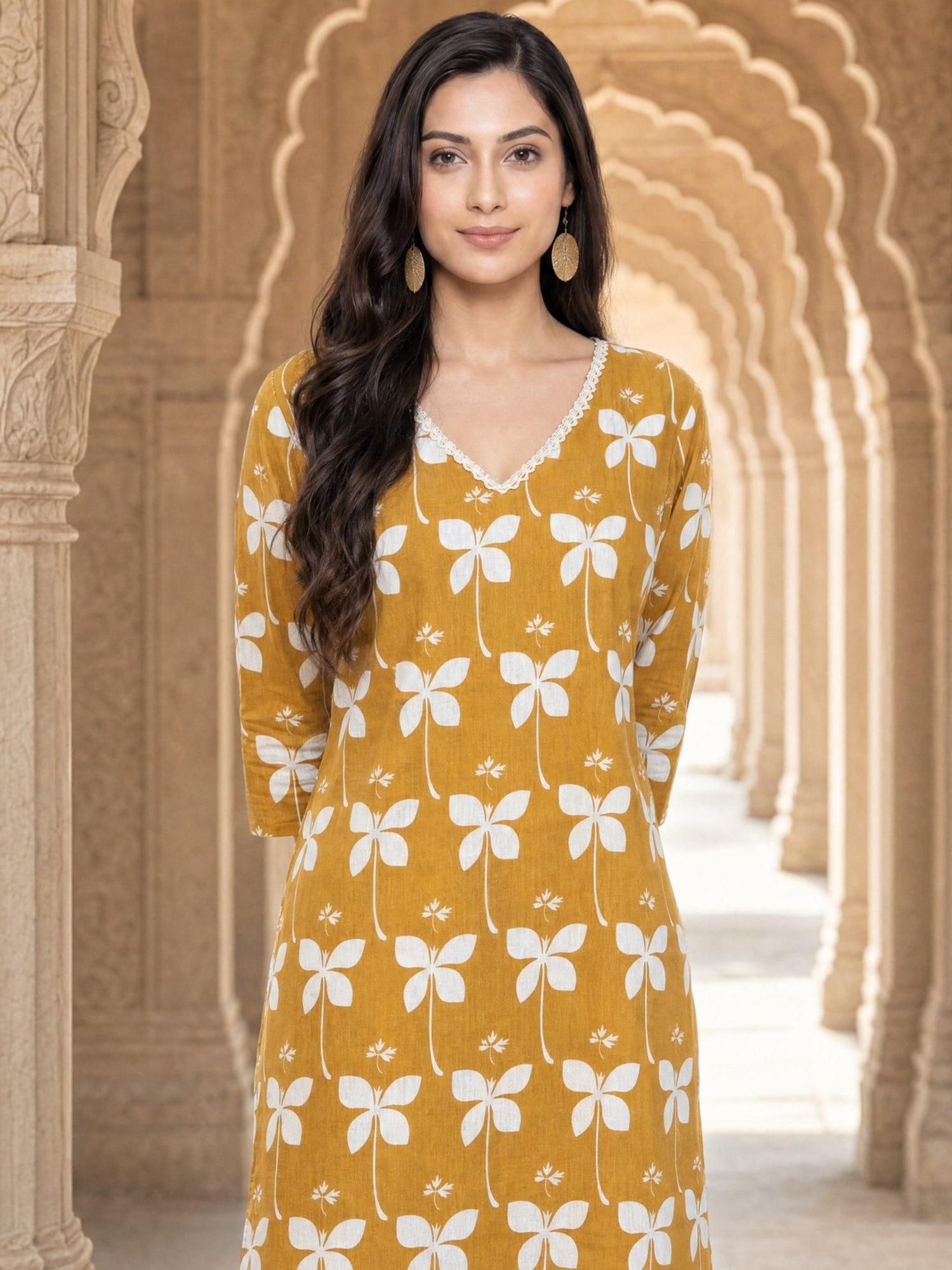 Buy Cotton Printed Straight Knee Length Kurta-Mustard