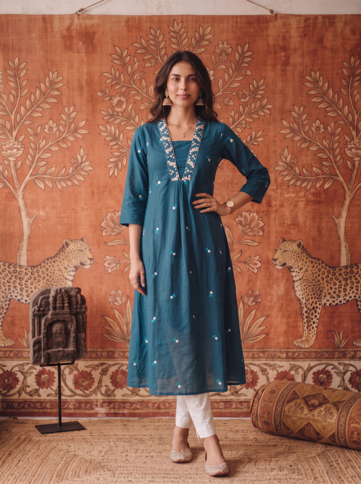 Cotton Embroidered Flared Calf Length Kurta