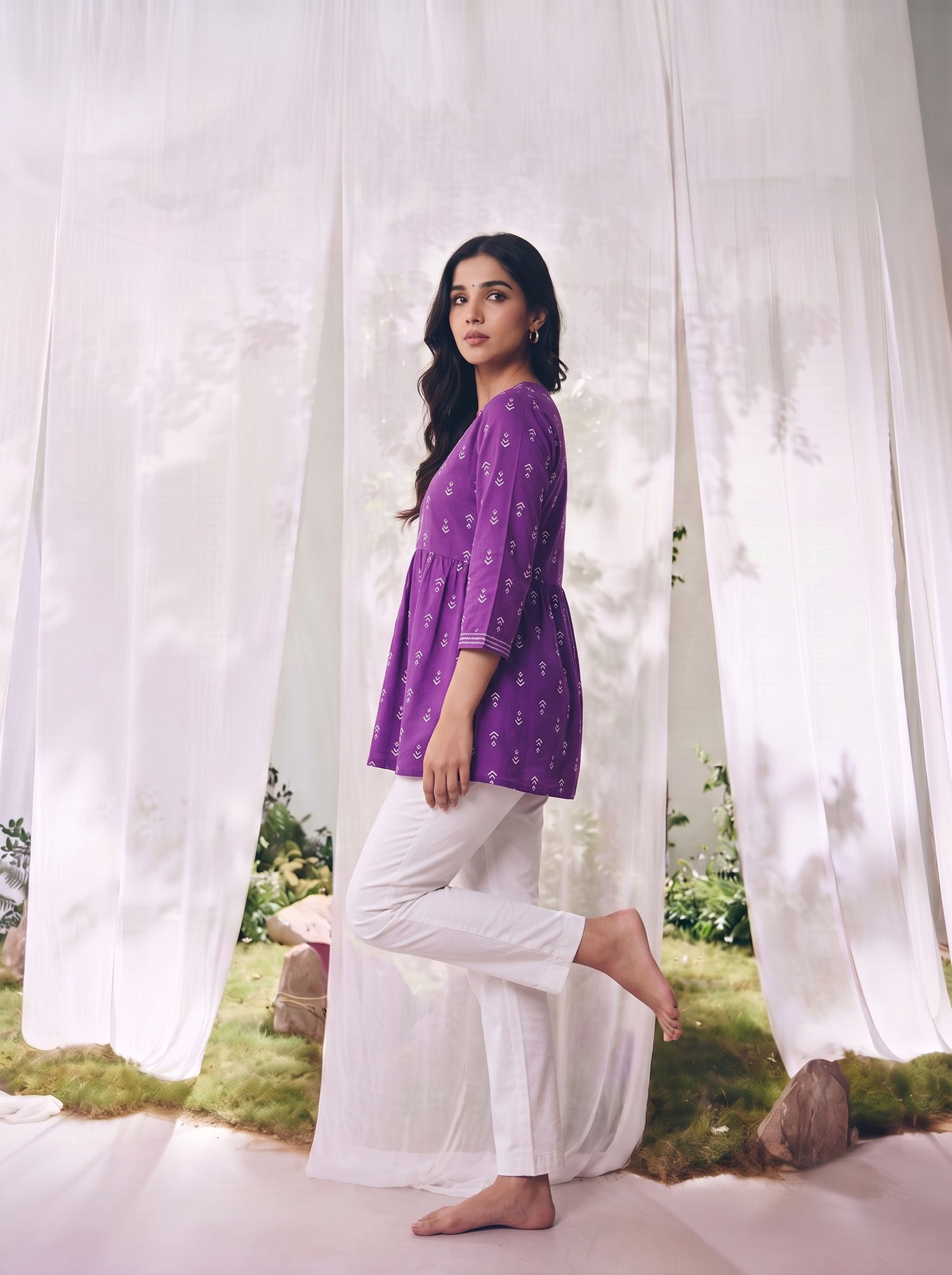 Buy Rayon Printed Straight Short Length Short Kurta-Purple