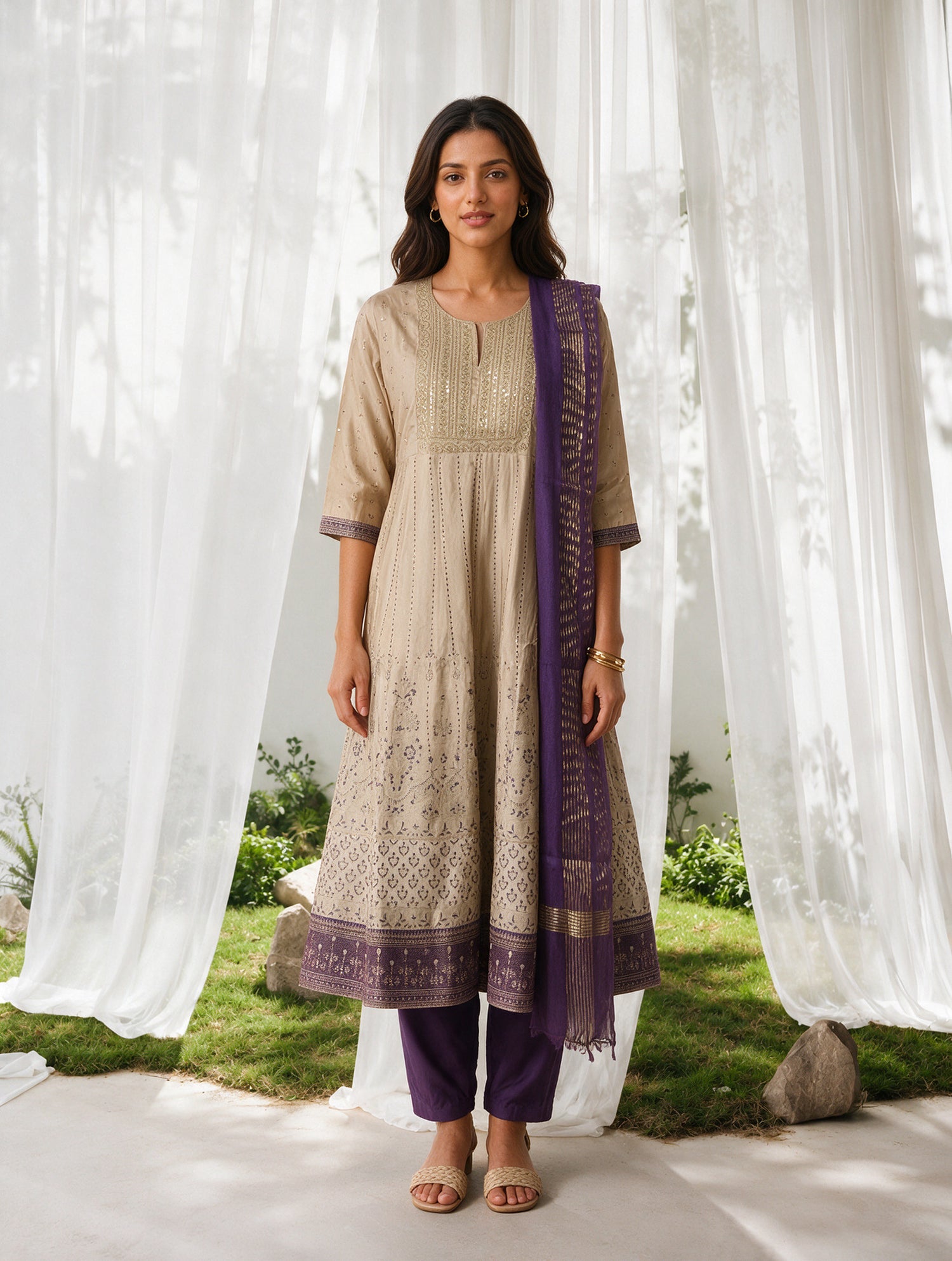 Buy Viscose Embroidered Flared Calf Length Kurta With Pant and Dupatta-Beige