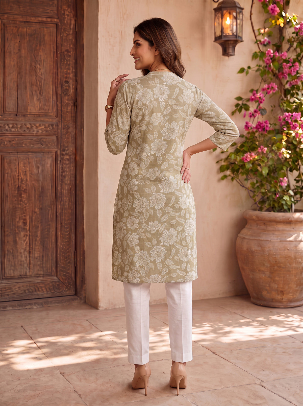 Buy Cotton Printed Straight Knee Length Kurta-Olive