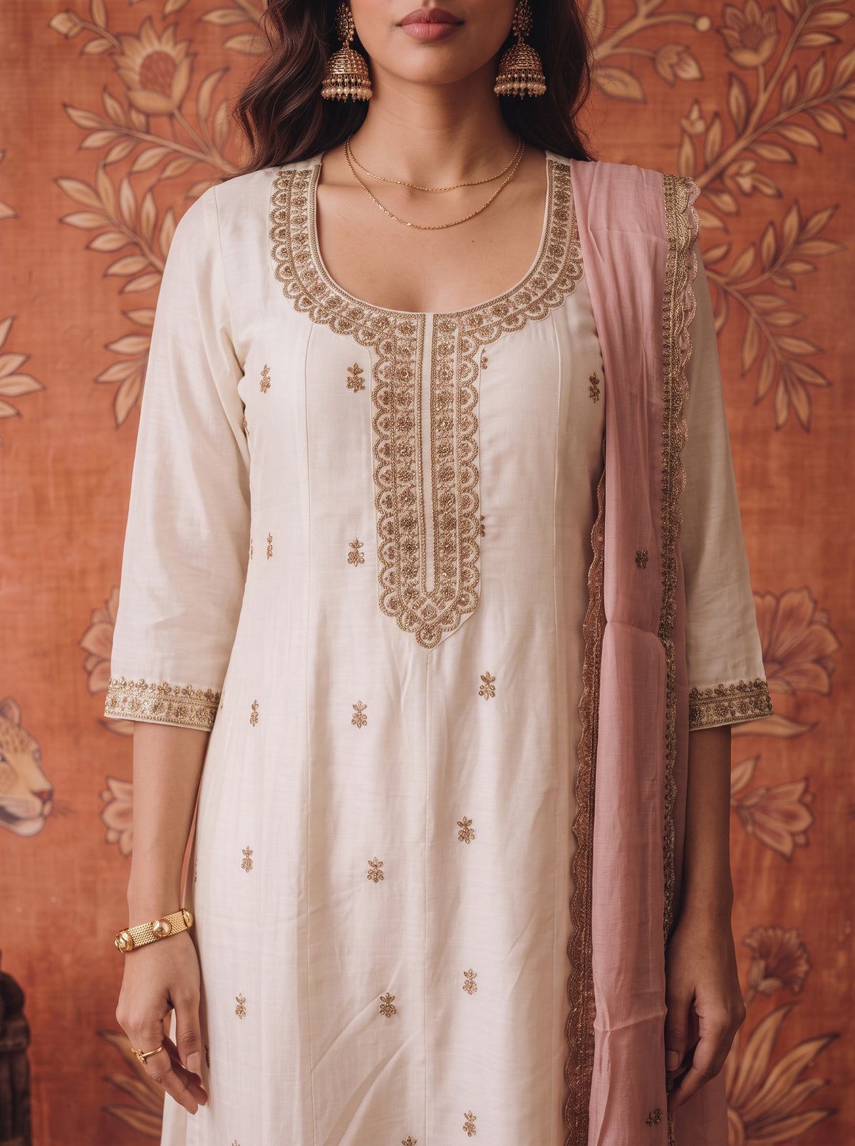 Viscose Embroidered Flared Calf Length Kurta With Pant and Dupatta