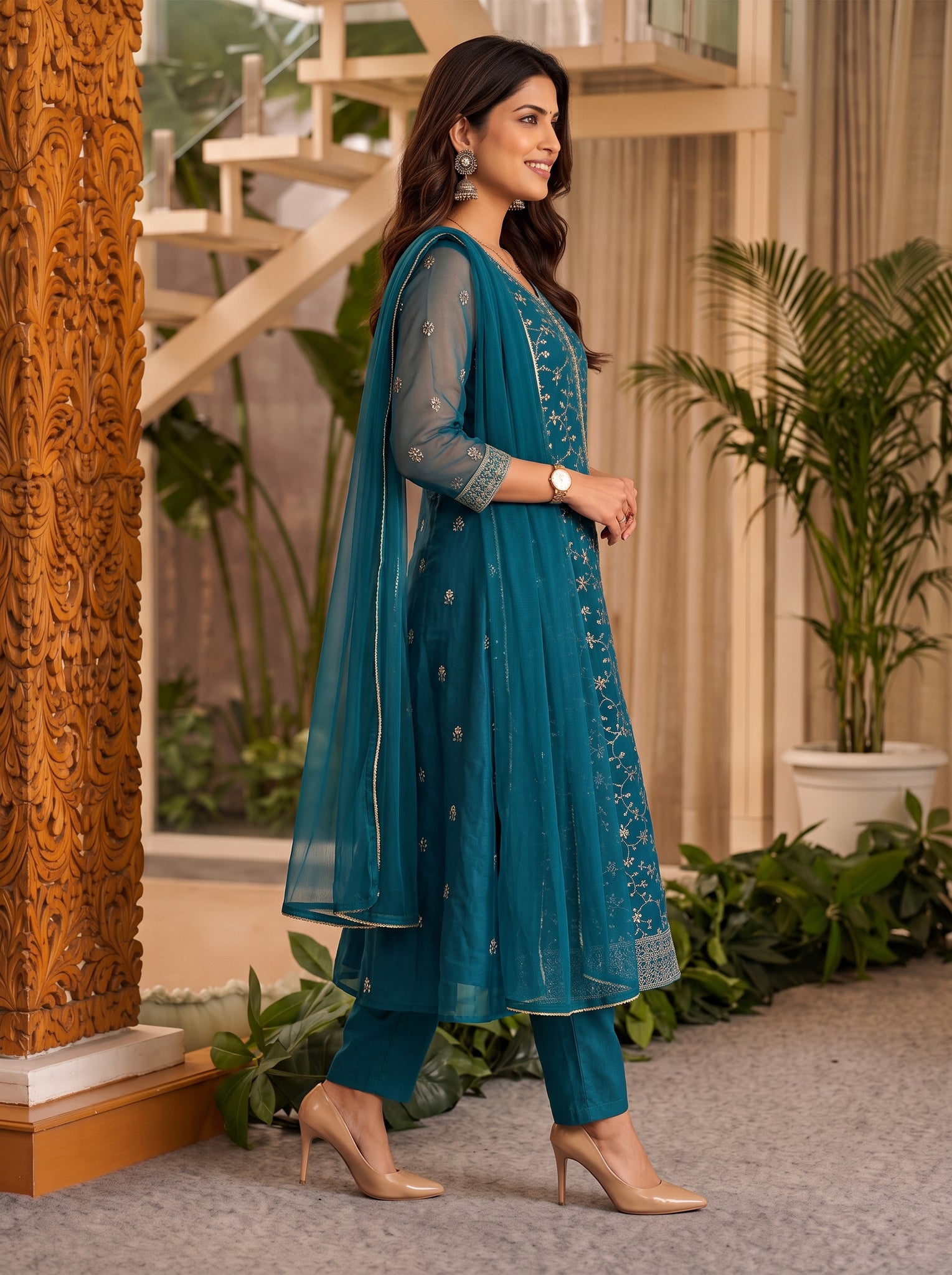 Rayon Embroidered Flared Calf Length Kurta With Pant and Dupatta