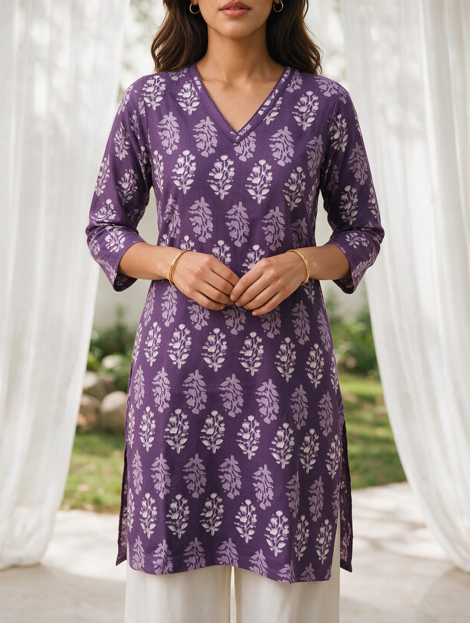 Buy Rayon Printed Straight Knee Length Kurta-Purple